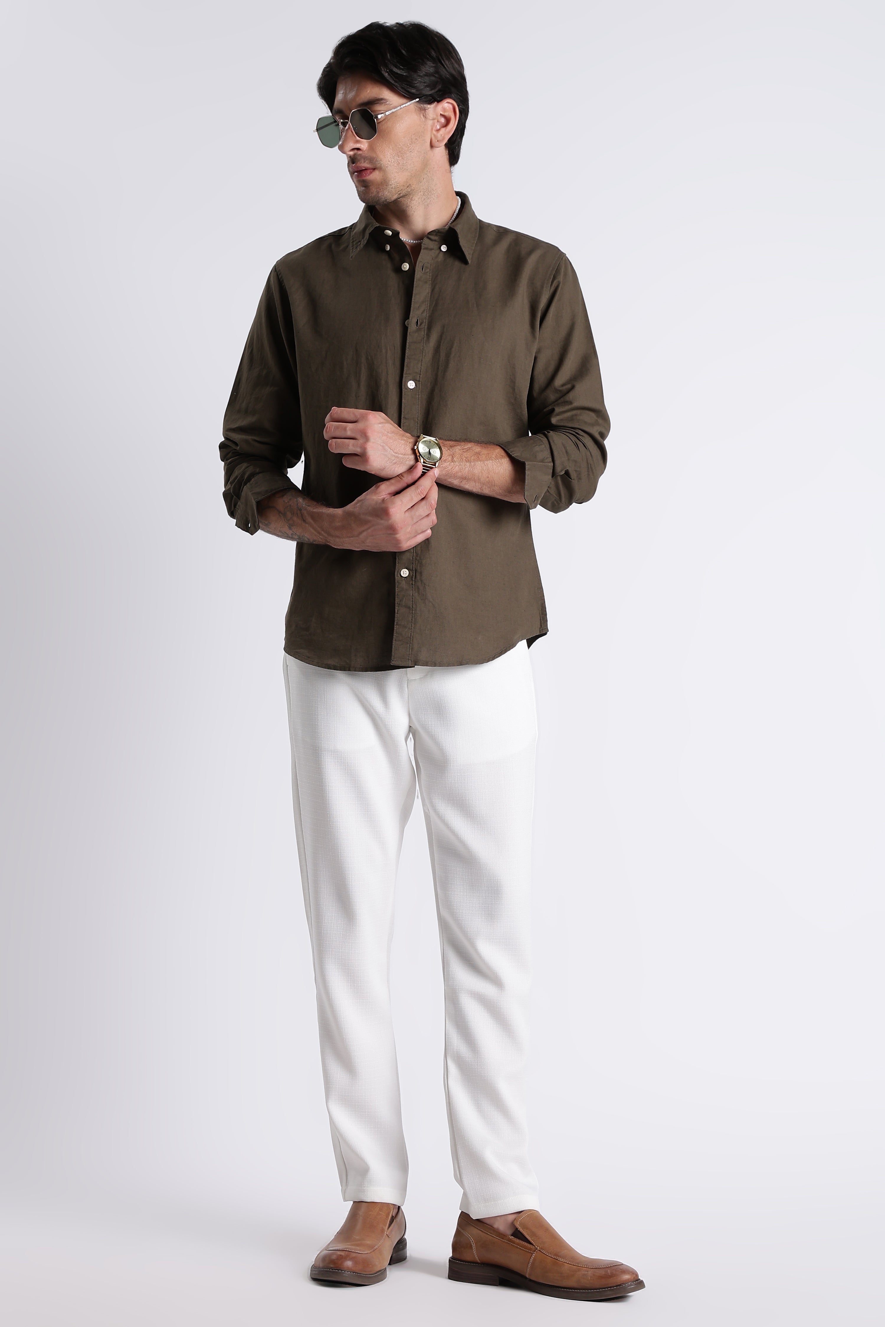 Men Premium Cotton Linen Slim Fit Solid Shirt