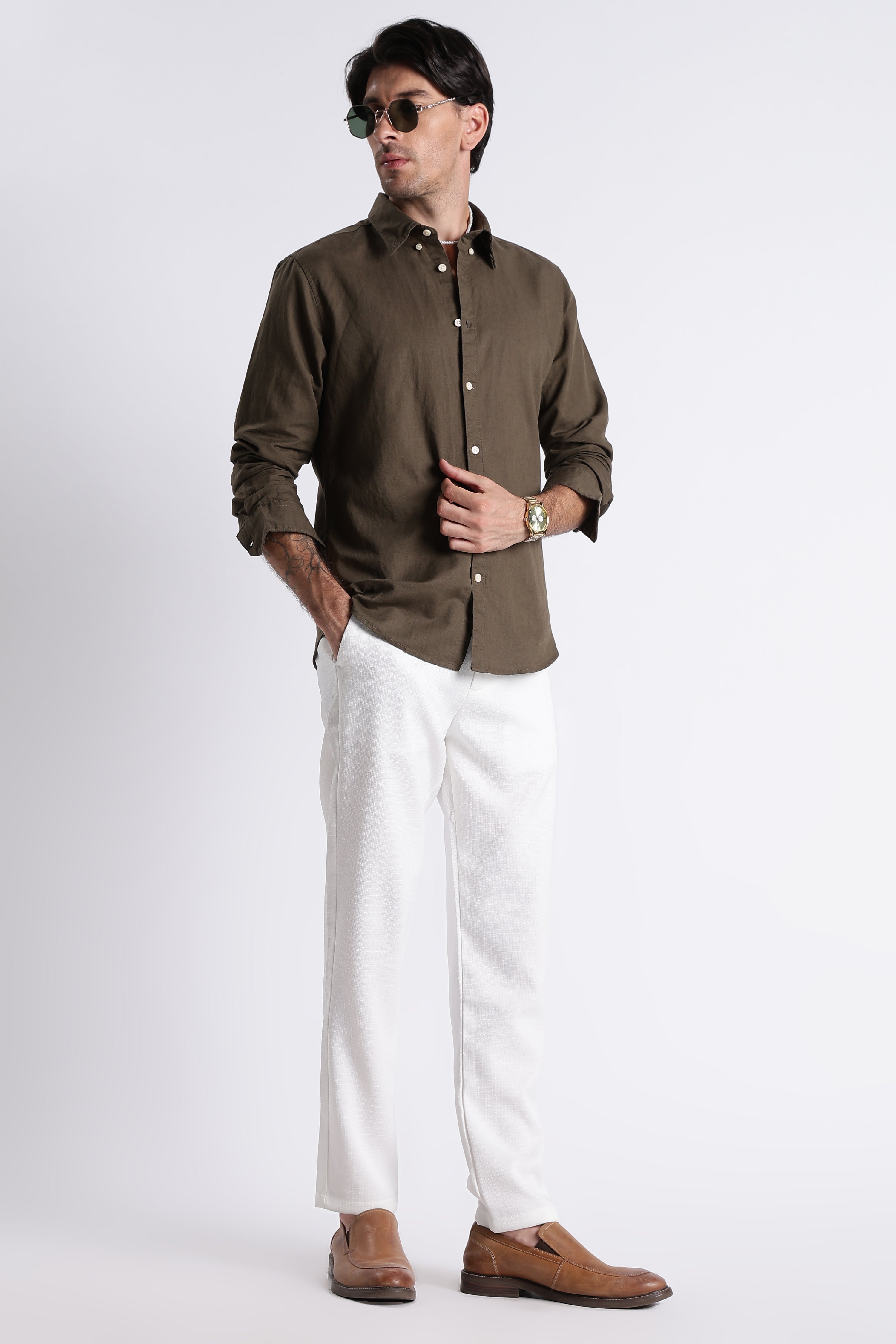 Men Premium Cotton Linen Slim Fit Solid Shirt