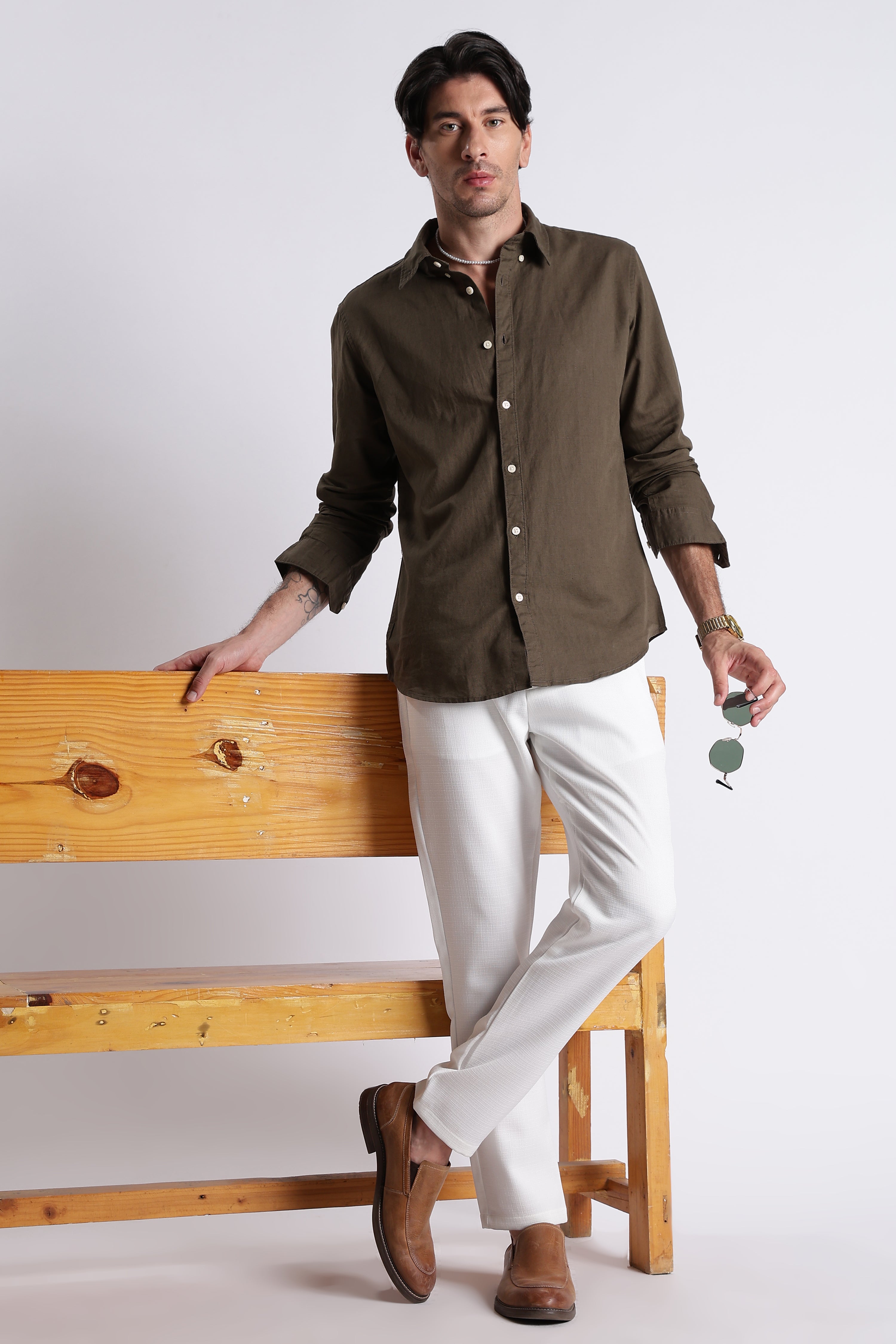 Men Premium Cotton Linen Slim Fit Solid Shirt
