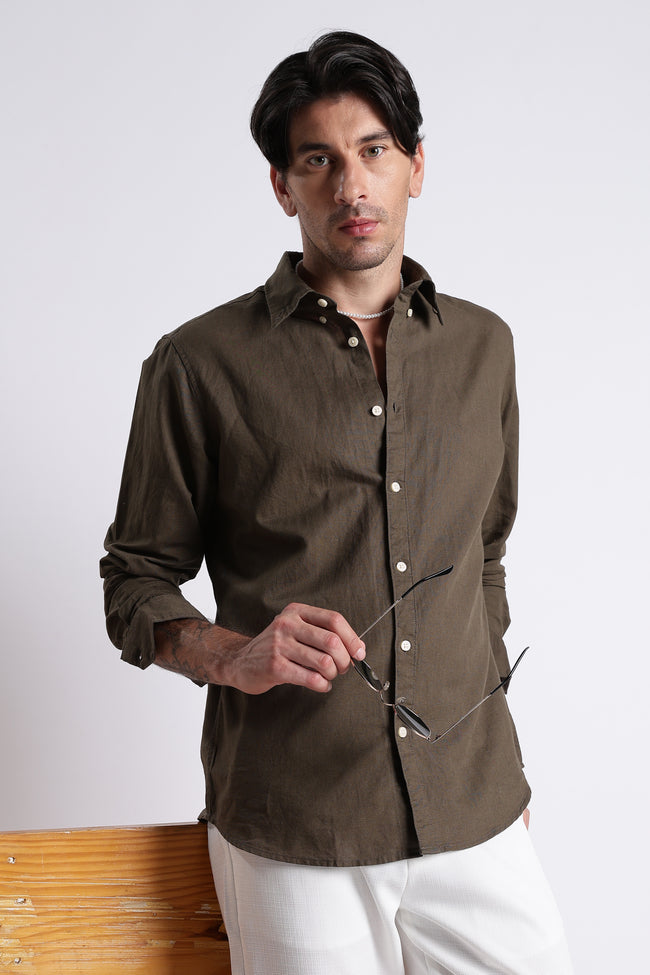 Men Premium Cotton Linen Slim Fit Solid Shirt