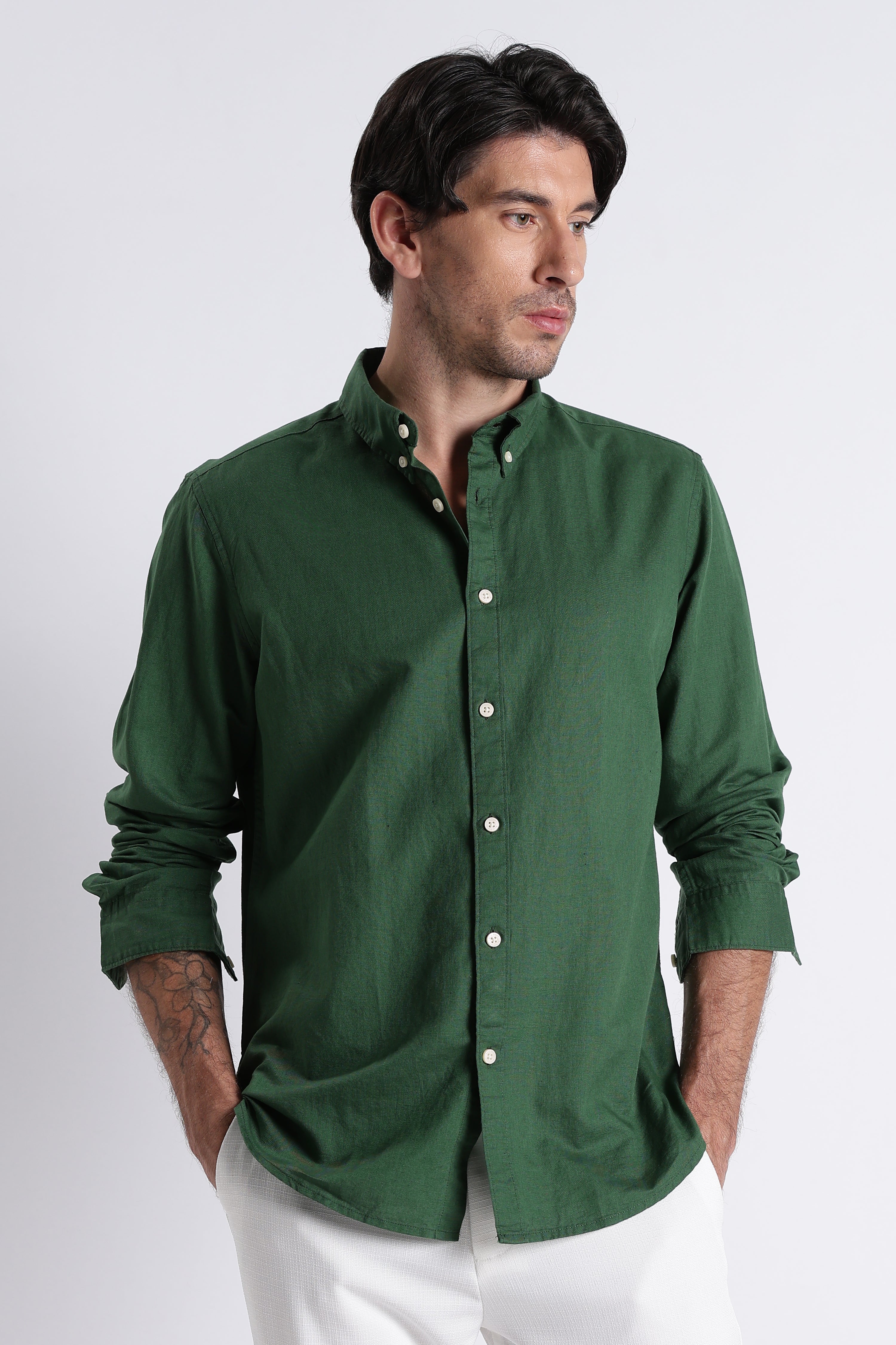 Men Premium Cotton Linen Slim Fit Solid Shirt