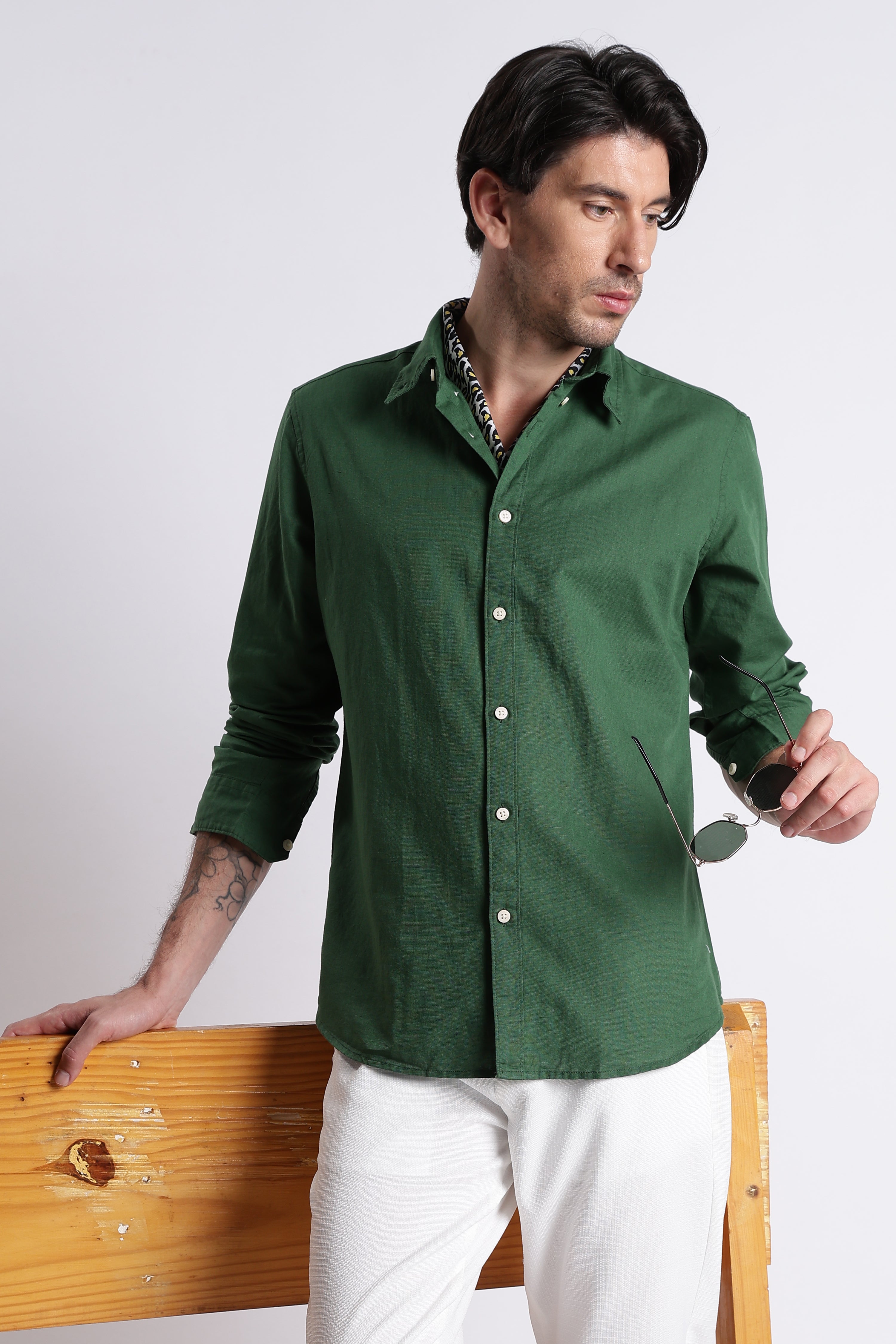 Men Premium Cotton Linen Slim Fit Solid Shirt