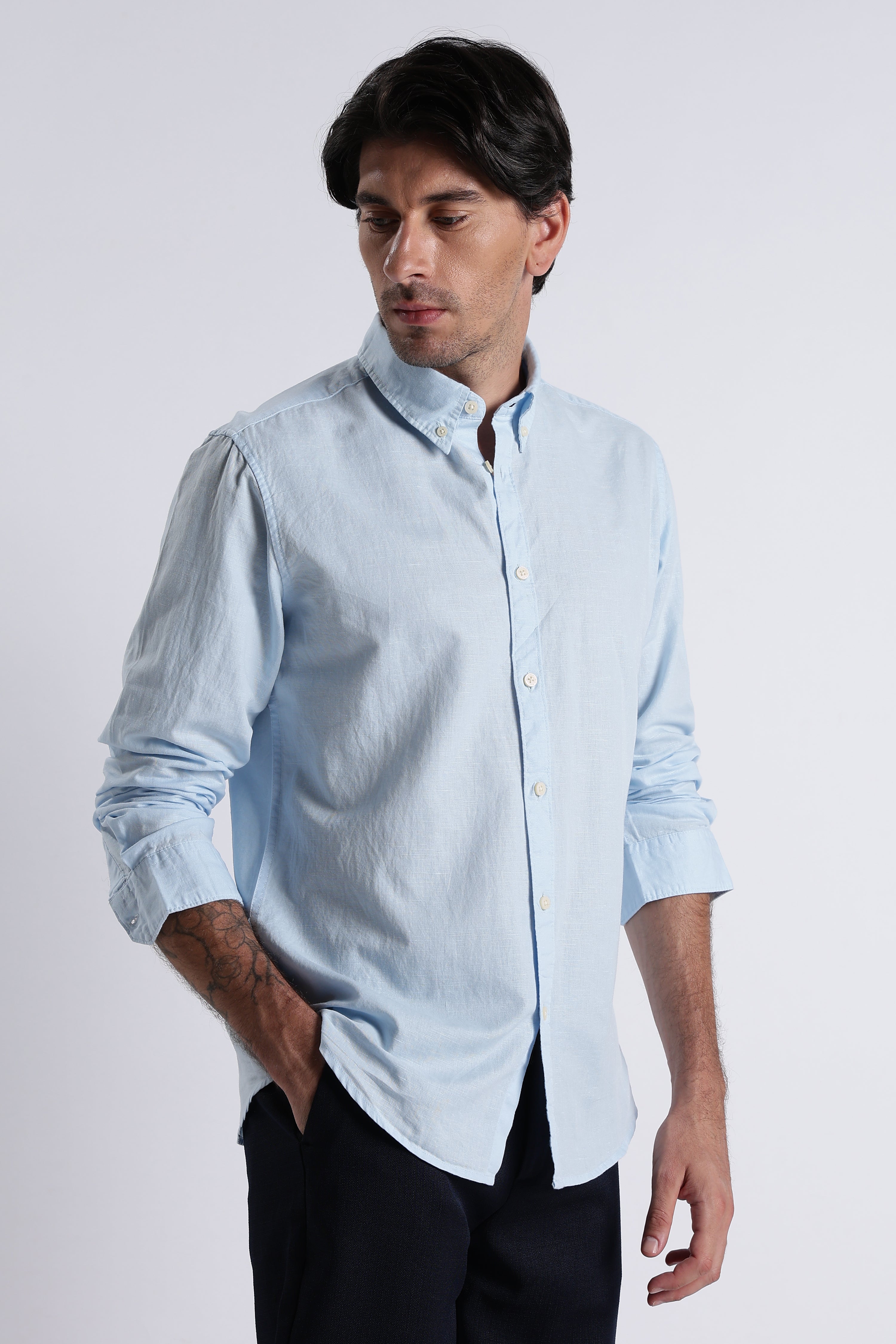 Men Premium Cotton Linen Slim Fit Solid Shirt