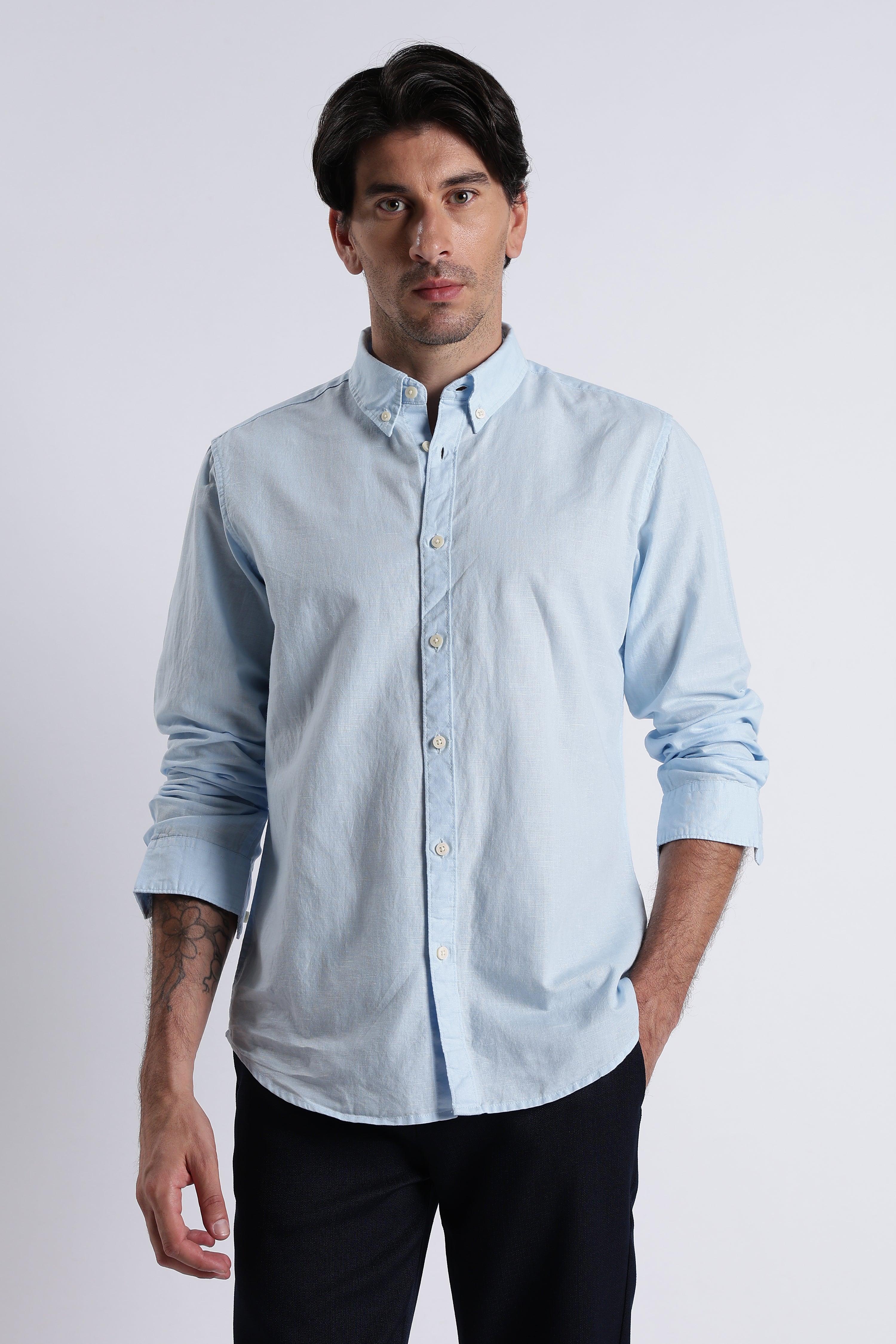 Men Premium Cotton Linen Slim Fit Solid Shirt