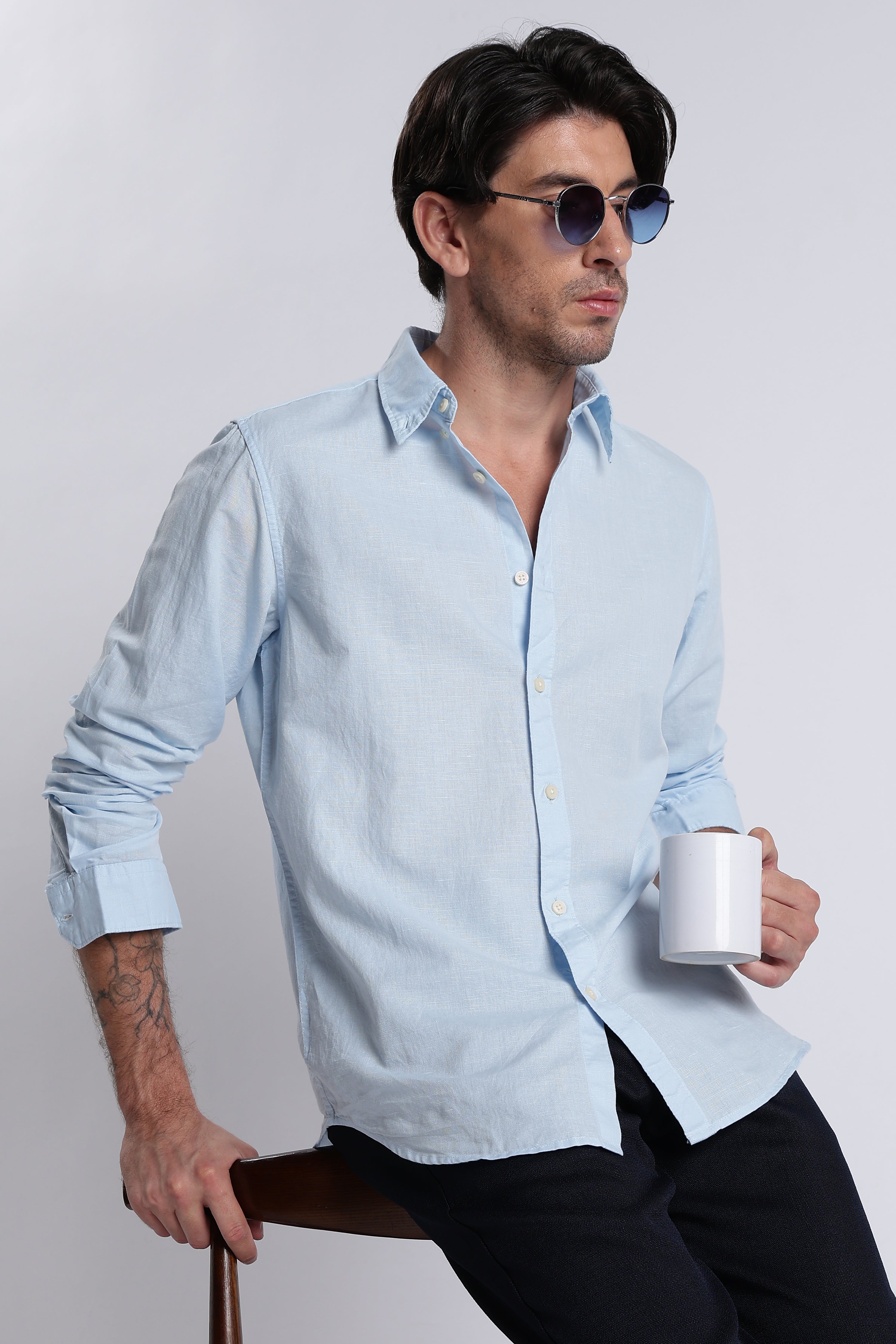 Men Premium Cotton Linen Slim Fit Solid Shirt
