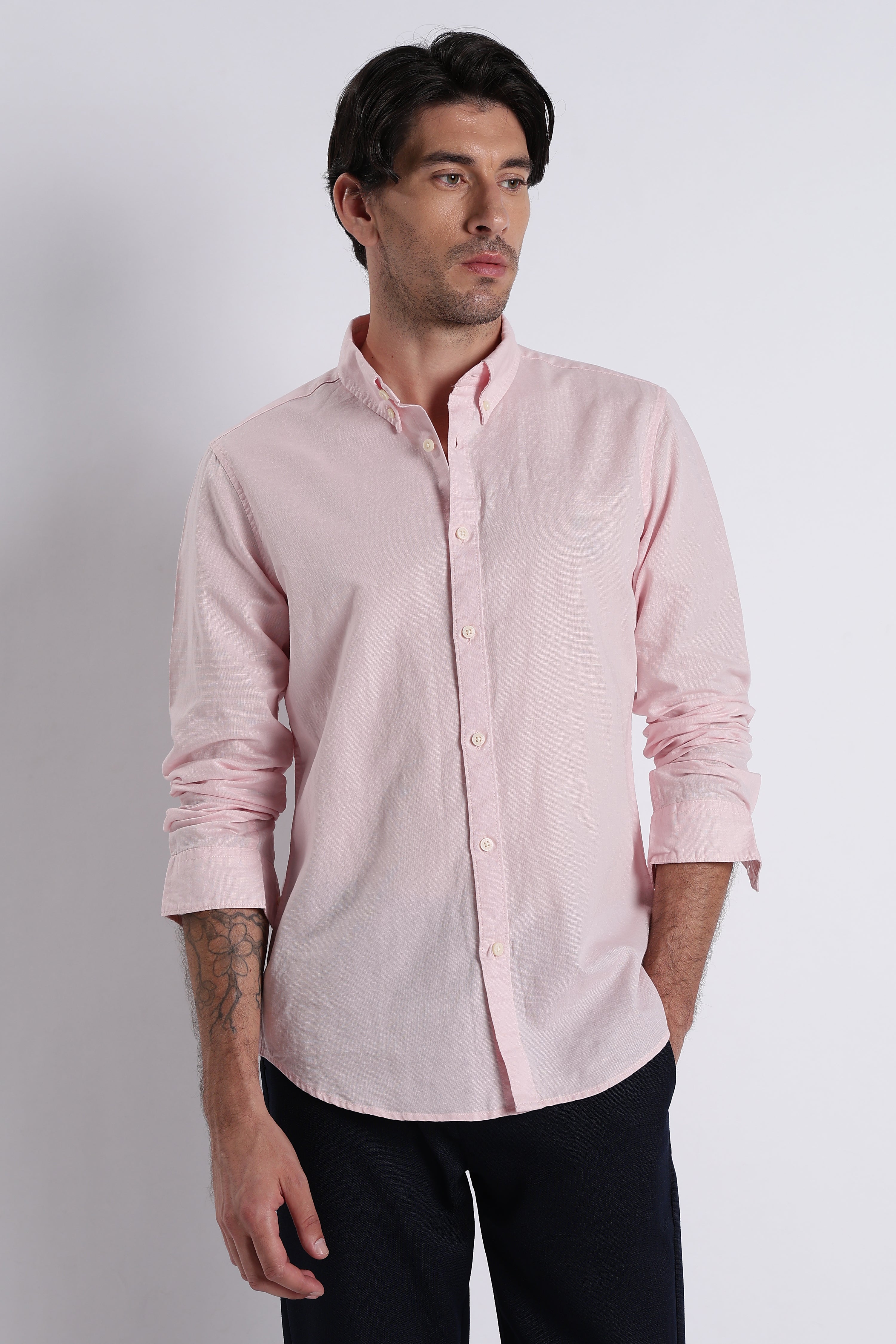 Men Premium Cotton Linen Slim Fit Solid Shirt