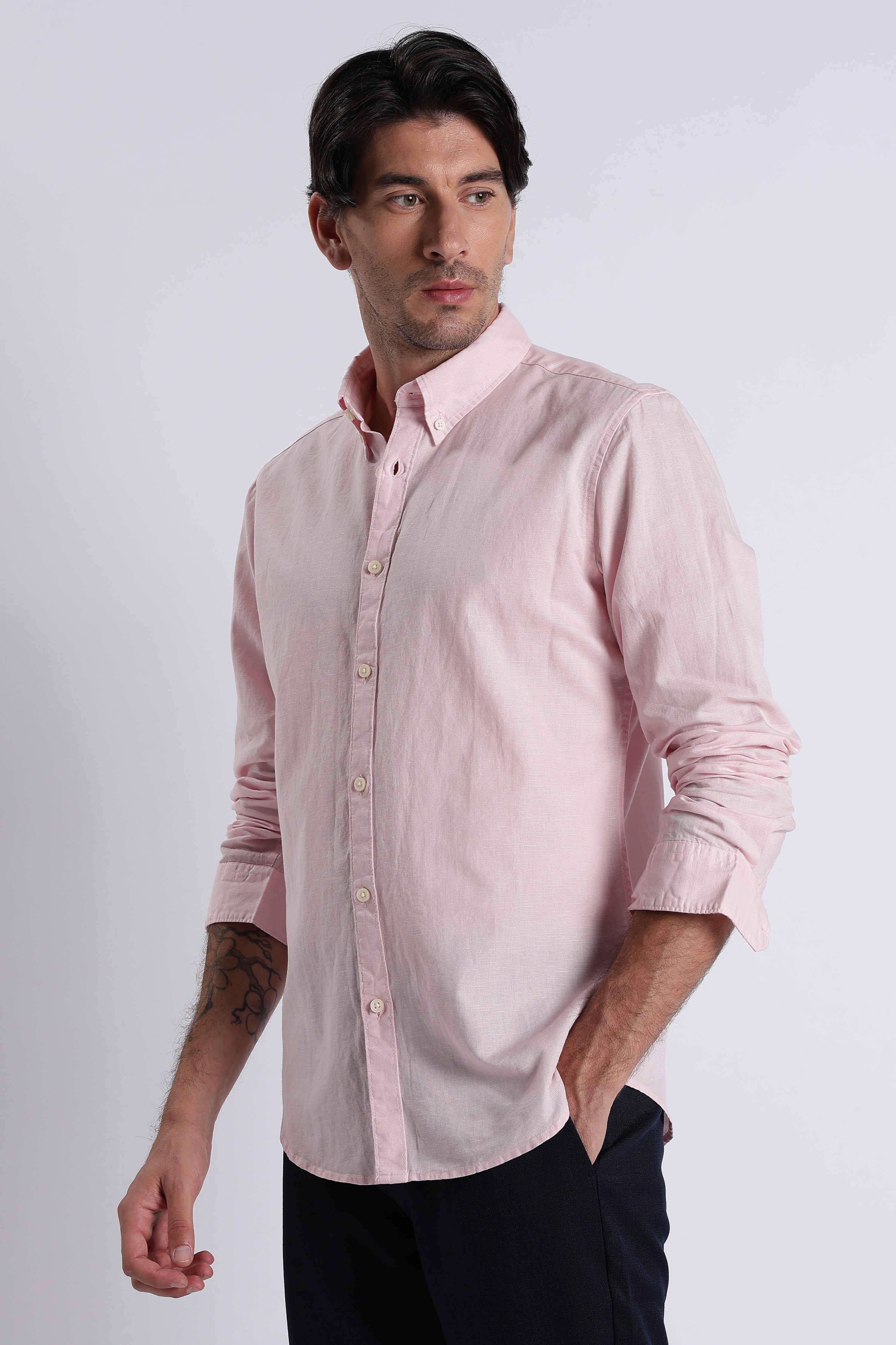 Men Premium Cotton Linen Slim Fit Solid Shirt