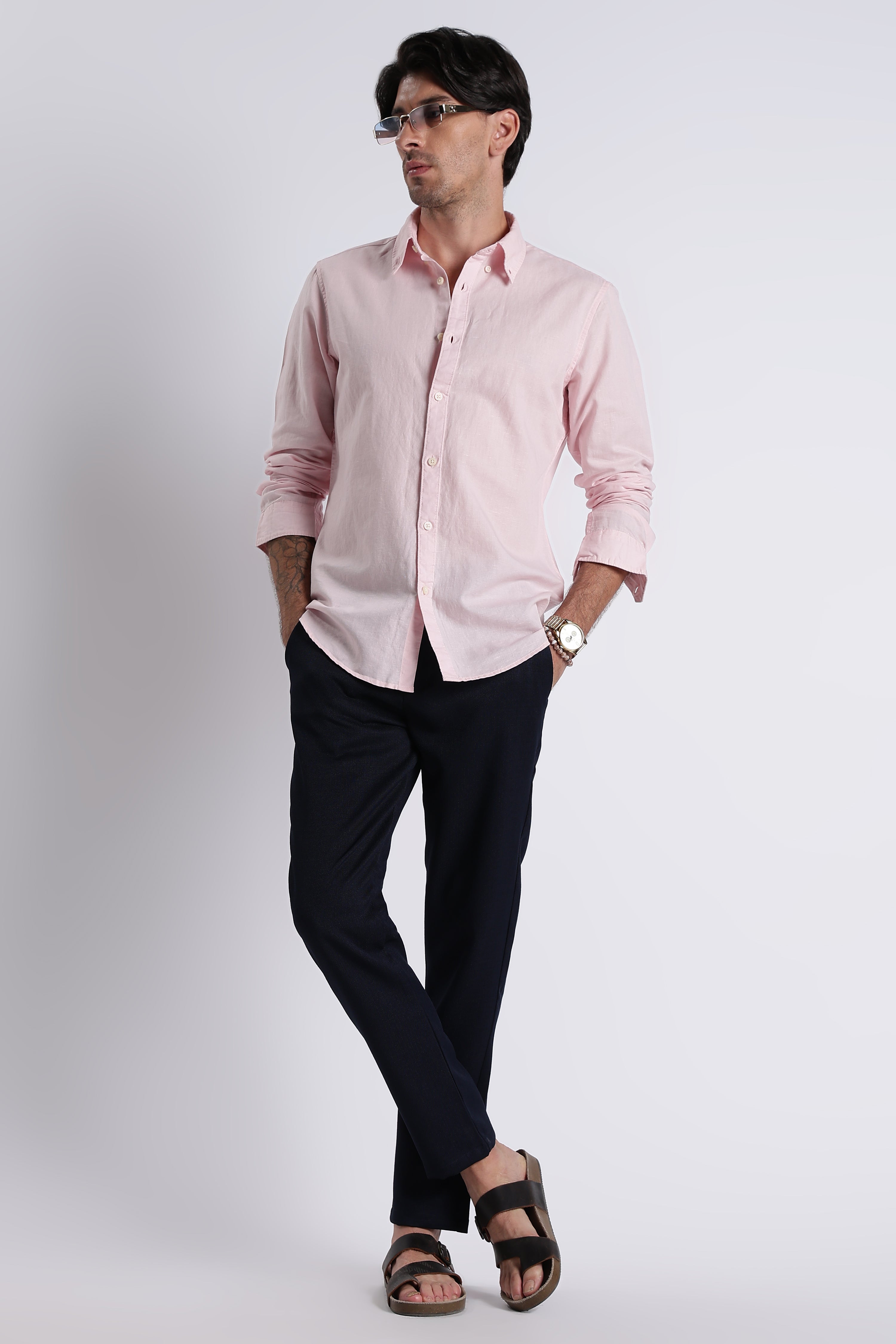 Men Premium Cotton Linen Slim Fit Solid Shirt