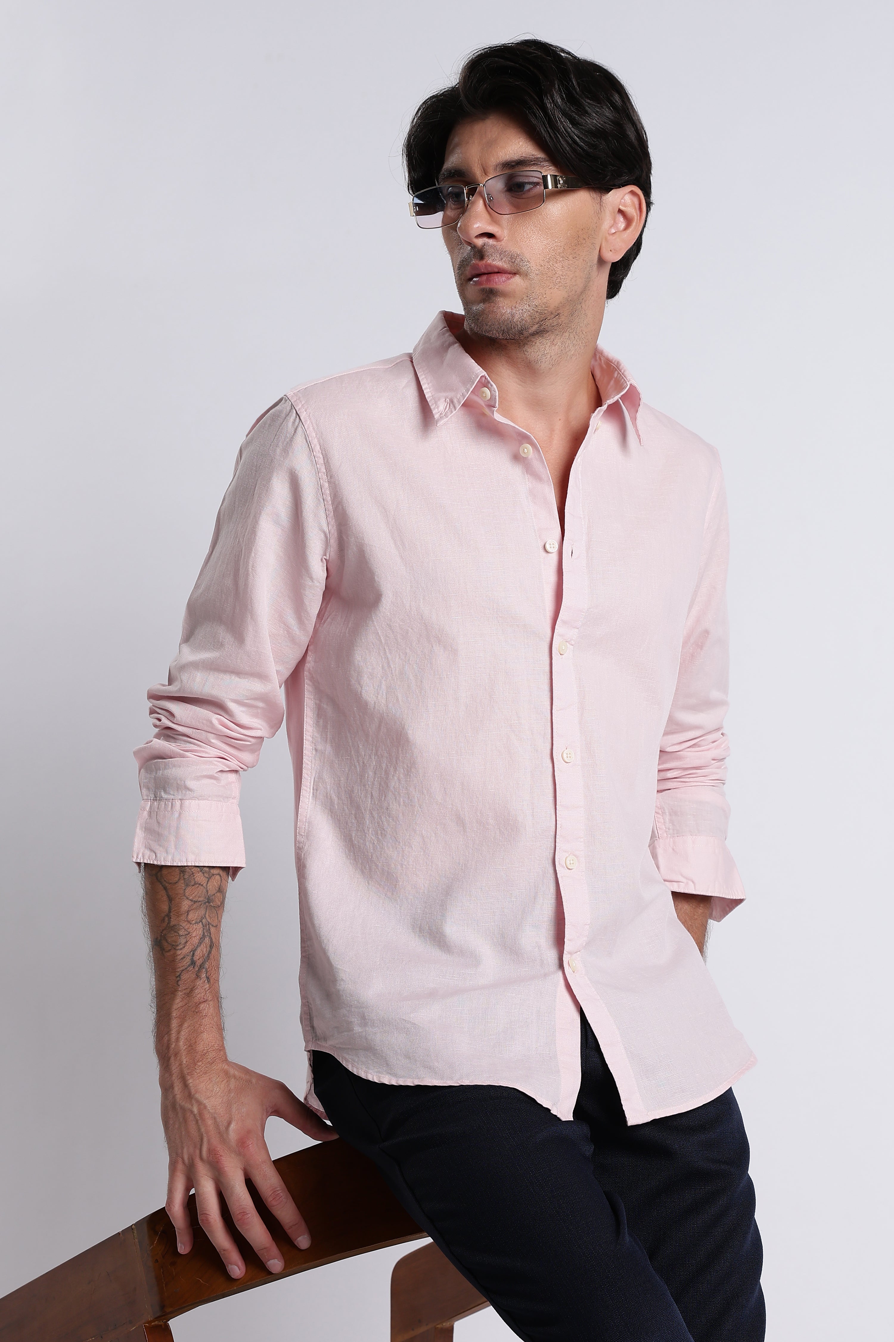 Men Premium Cotton Linen Slim Fit Solid Shirt