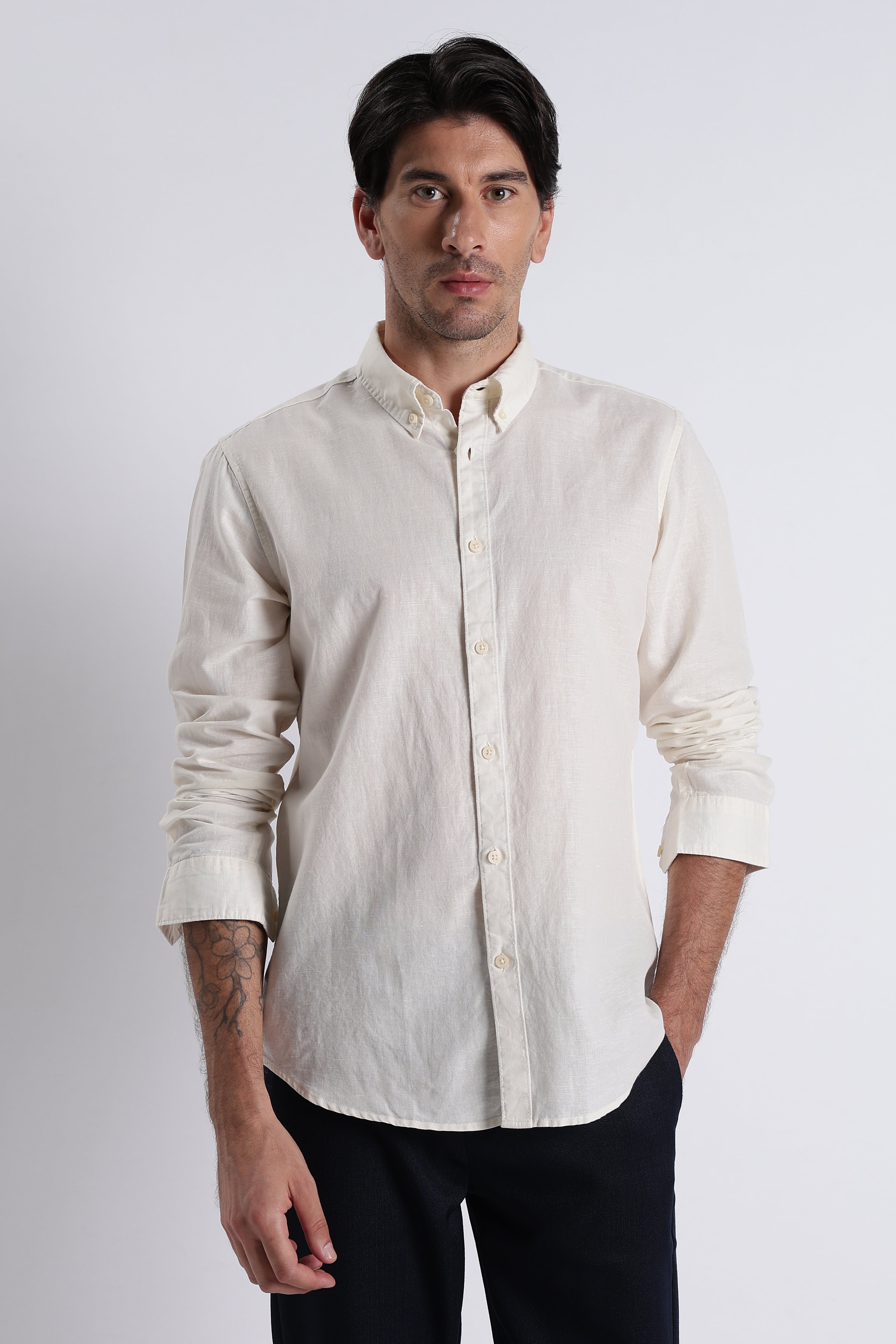Men Premium Cotton Linen Slim Fit Solid Shirt