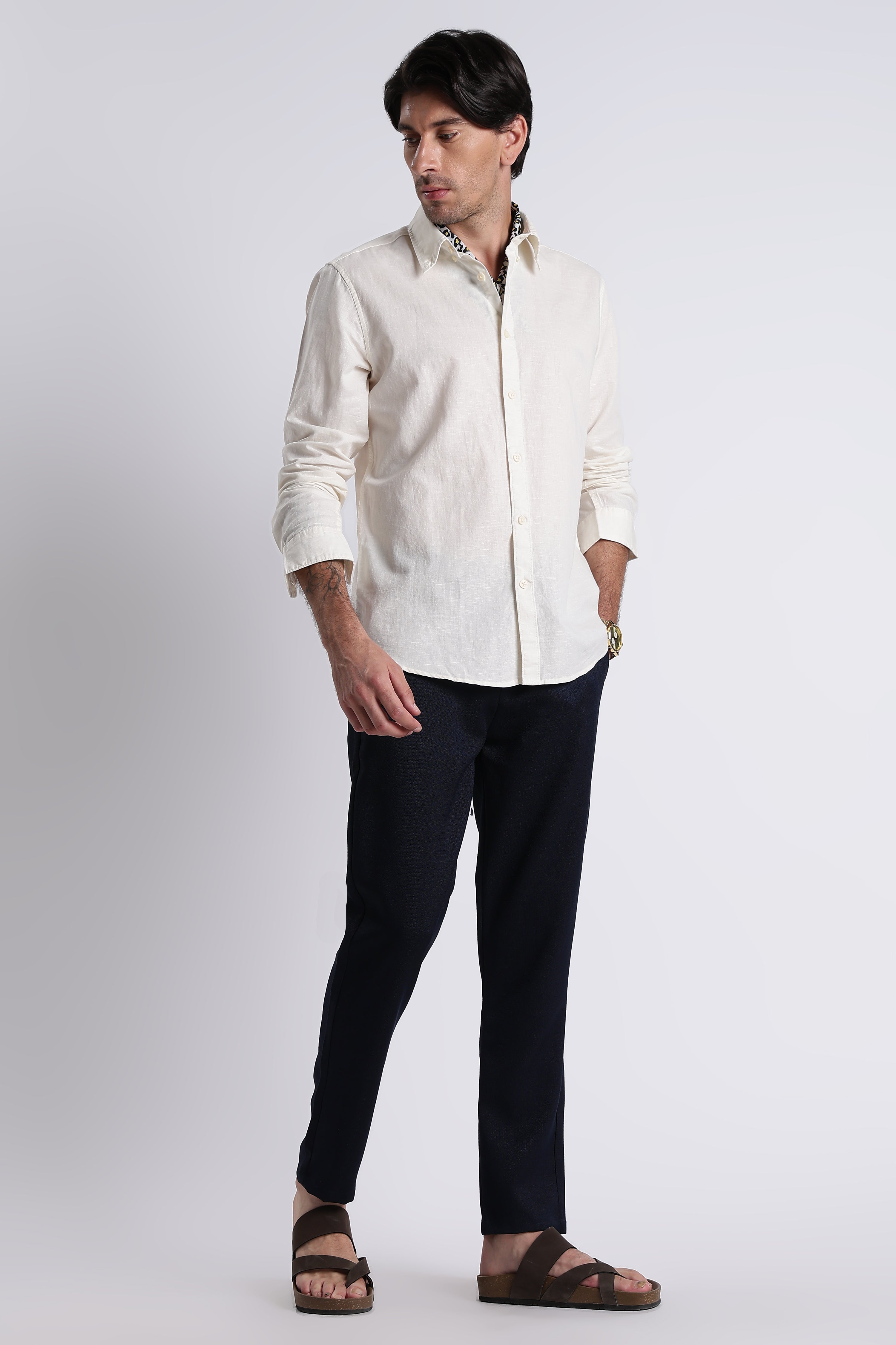 Men Premium Cotton Linen Slim Fit Solid Shirt
