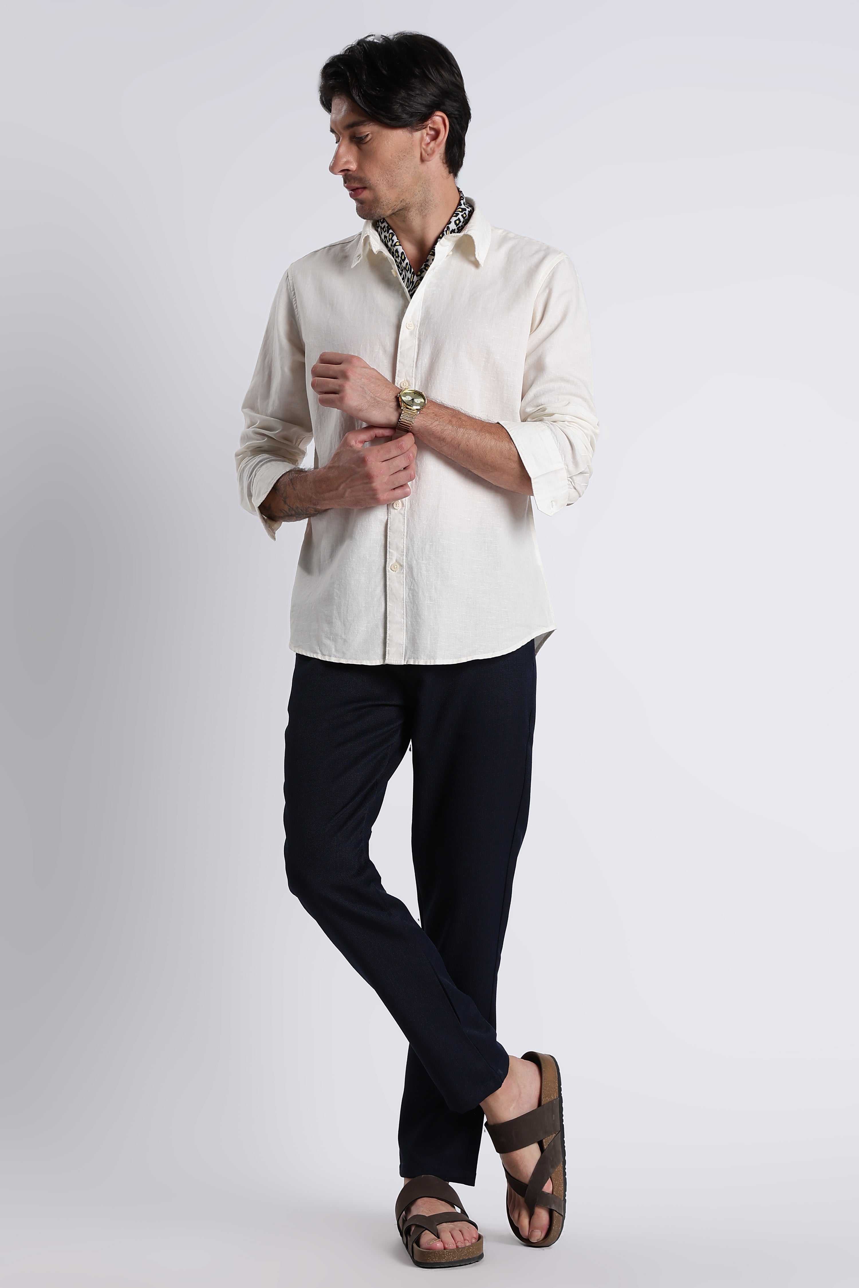 Men Premium Cotton Linen Slim Fit Solid Shirt