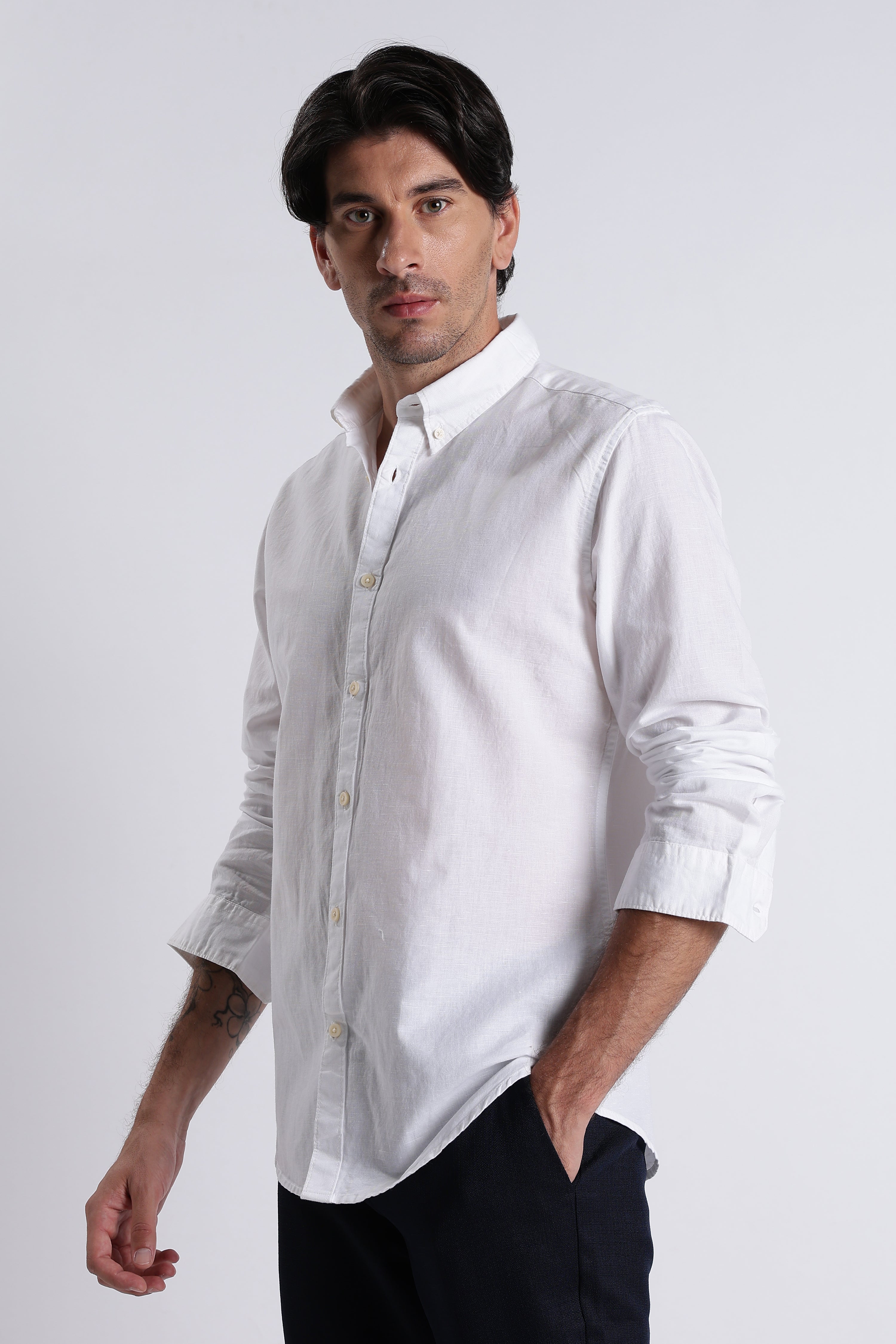 Men Premium Cotton Linen Slim Fit Solid Shirt