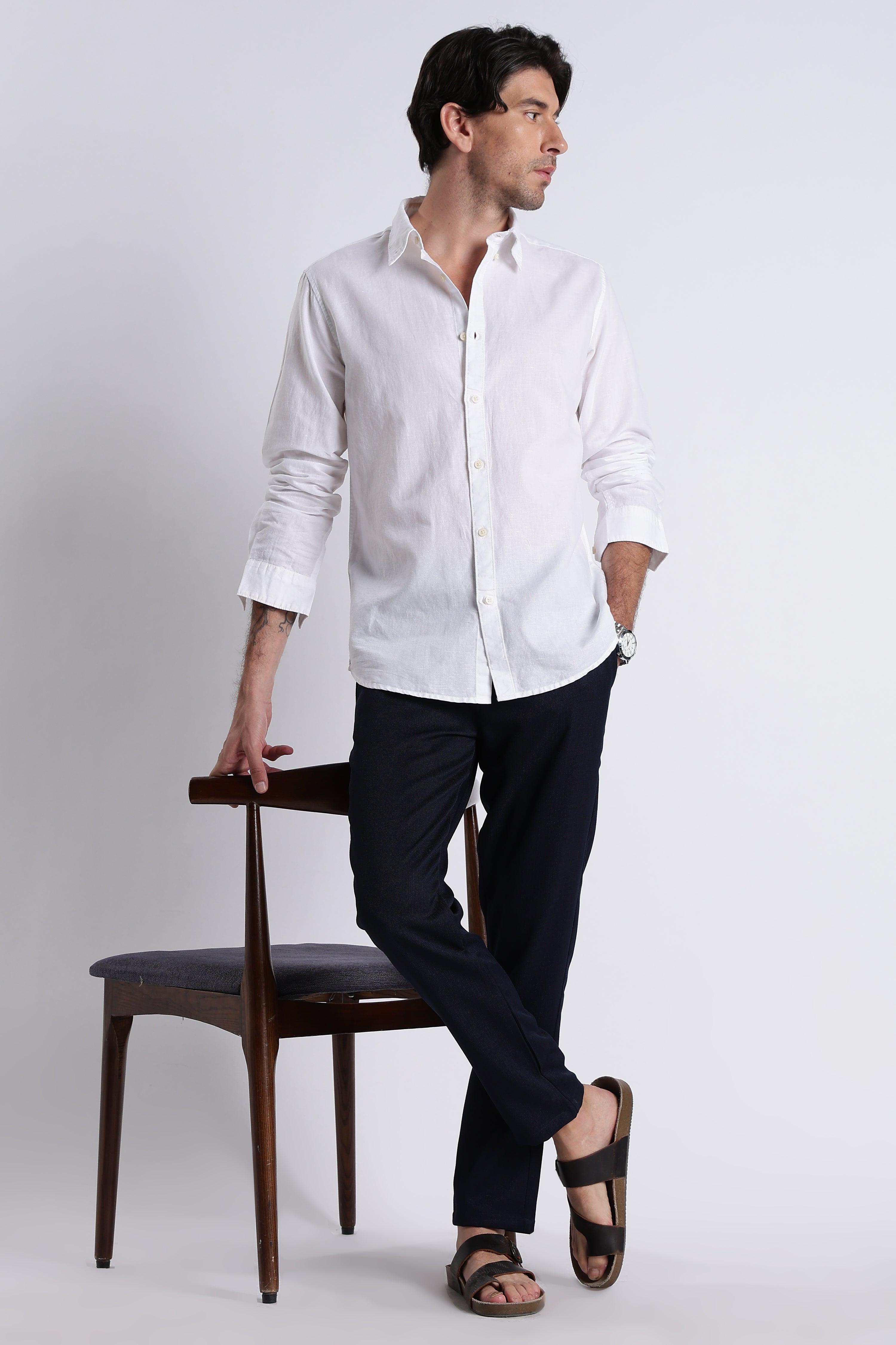 Men Premium Cotton Linen Slim Fit Solid Shirt