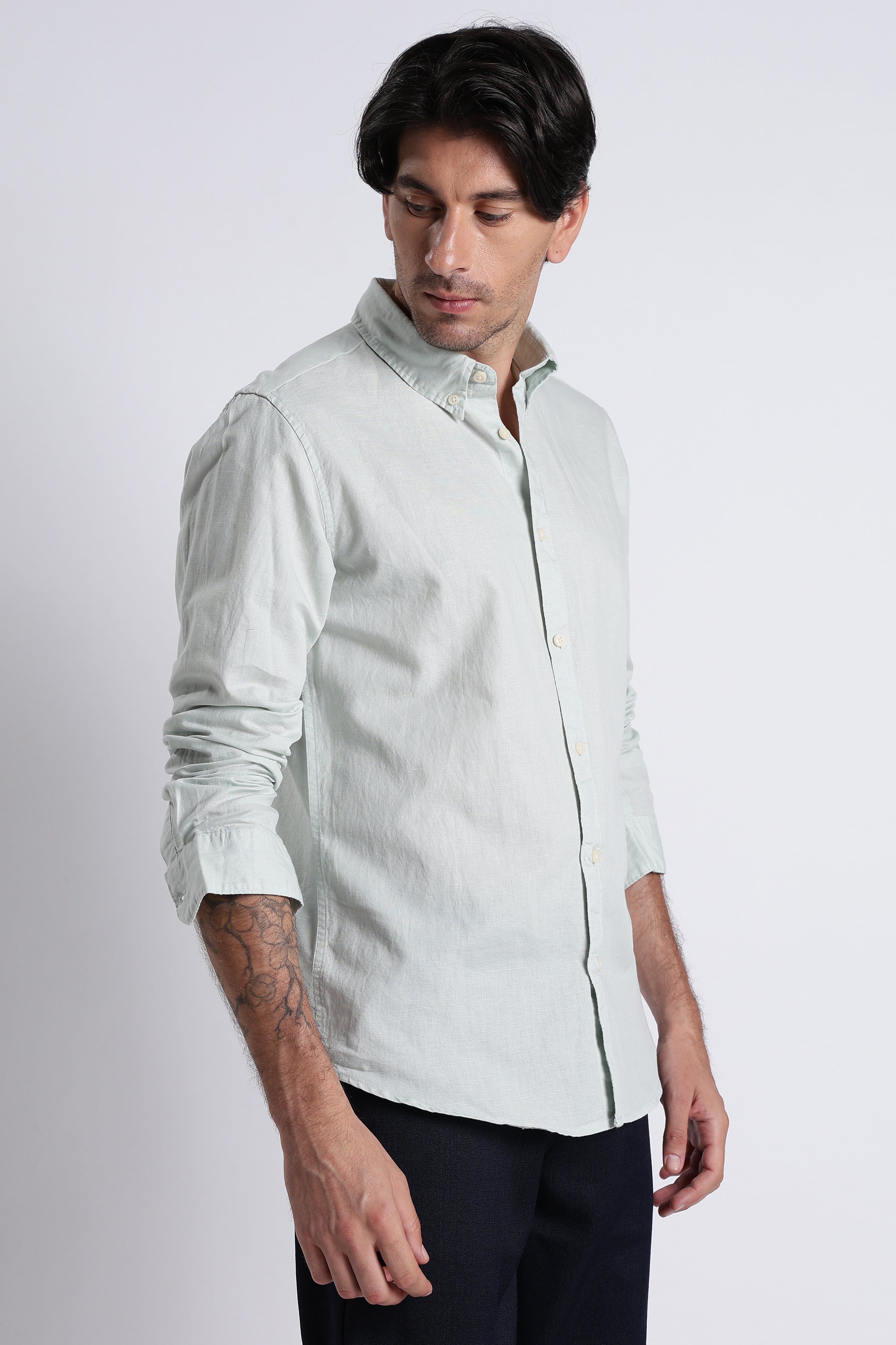 Men Premium Cotton Linen Slim Fit Solid Shirt