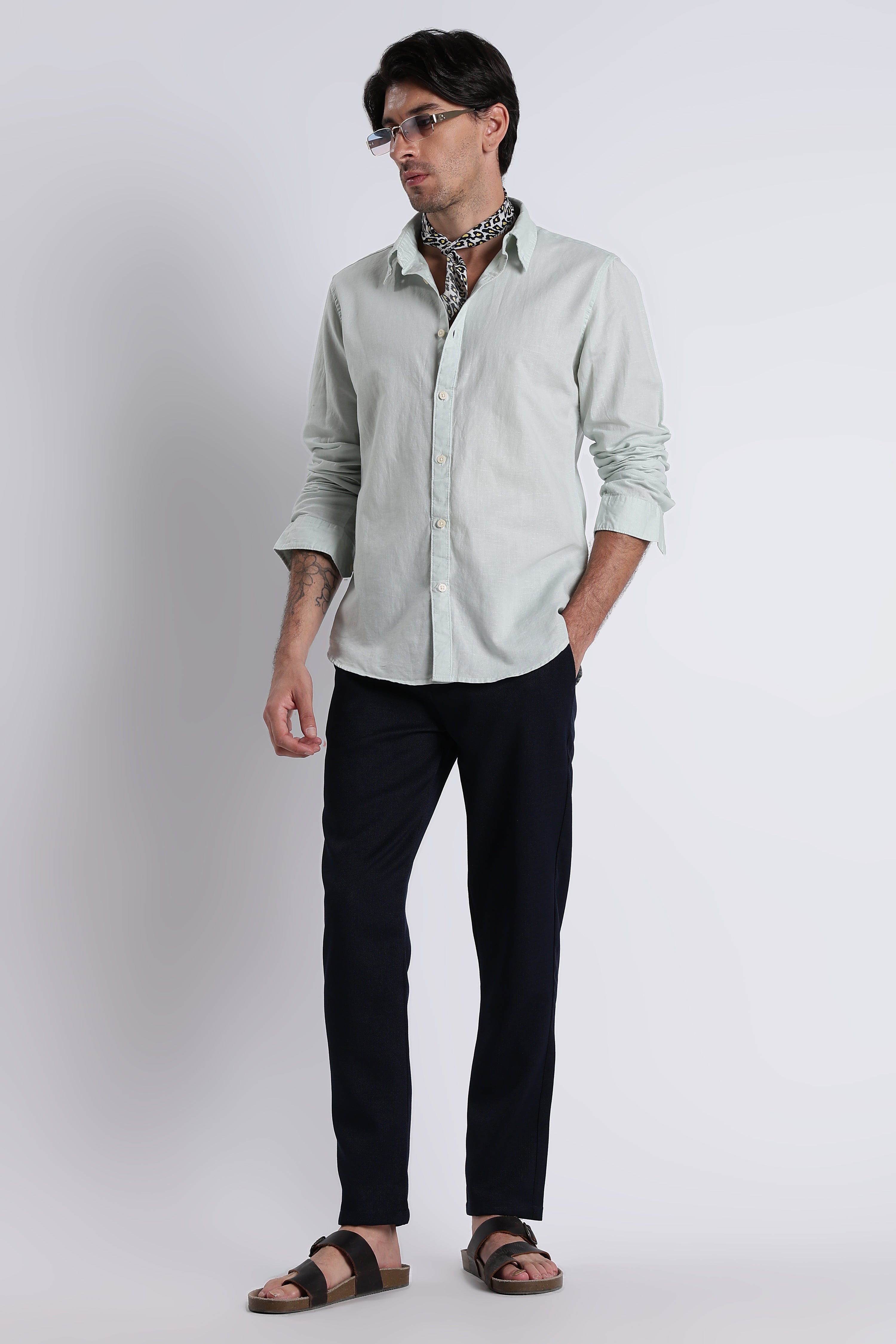 Men Premium Cotton Linen Slim Fit Solid Shirt