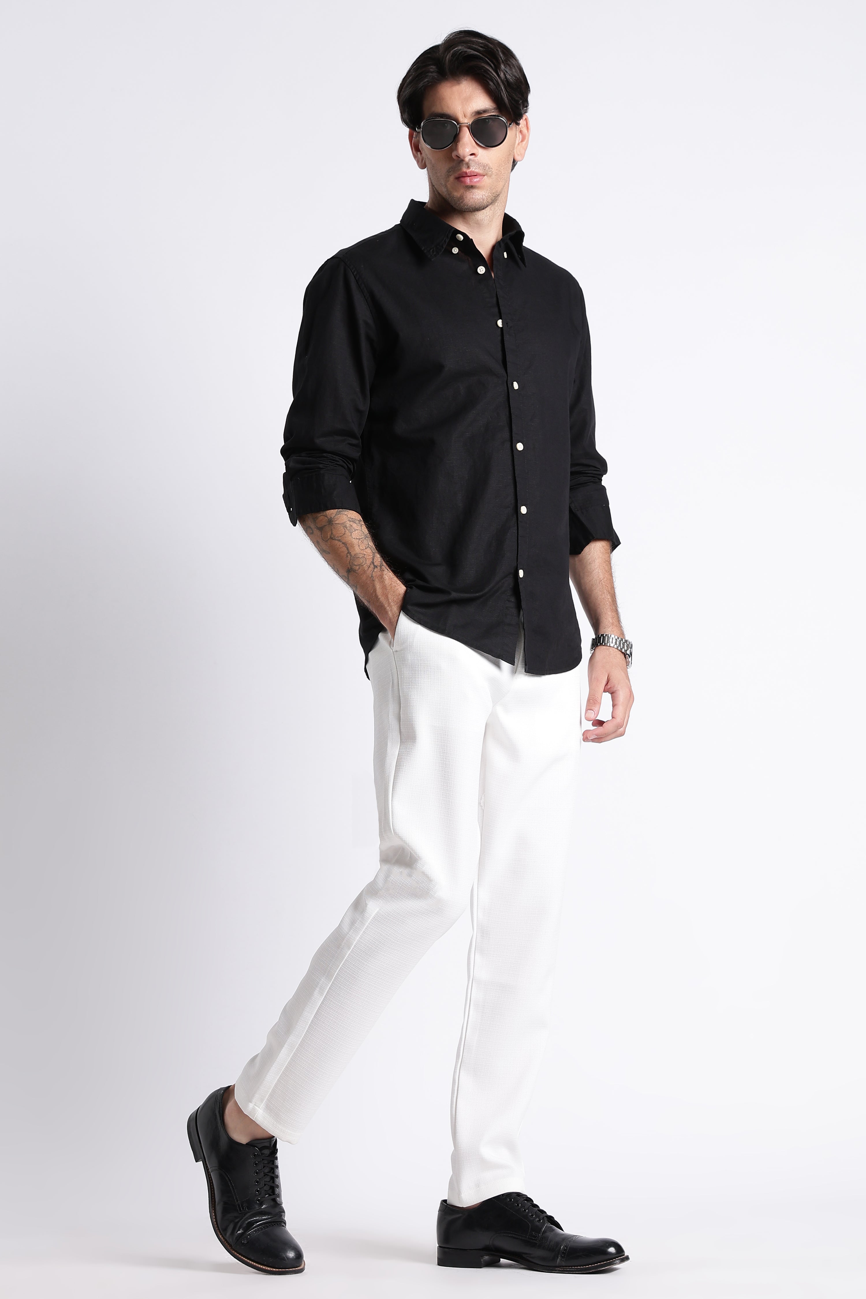 Men Premium Cotton Linen Slim Fit Solid Shirt