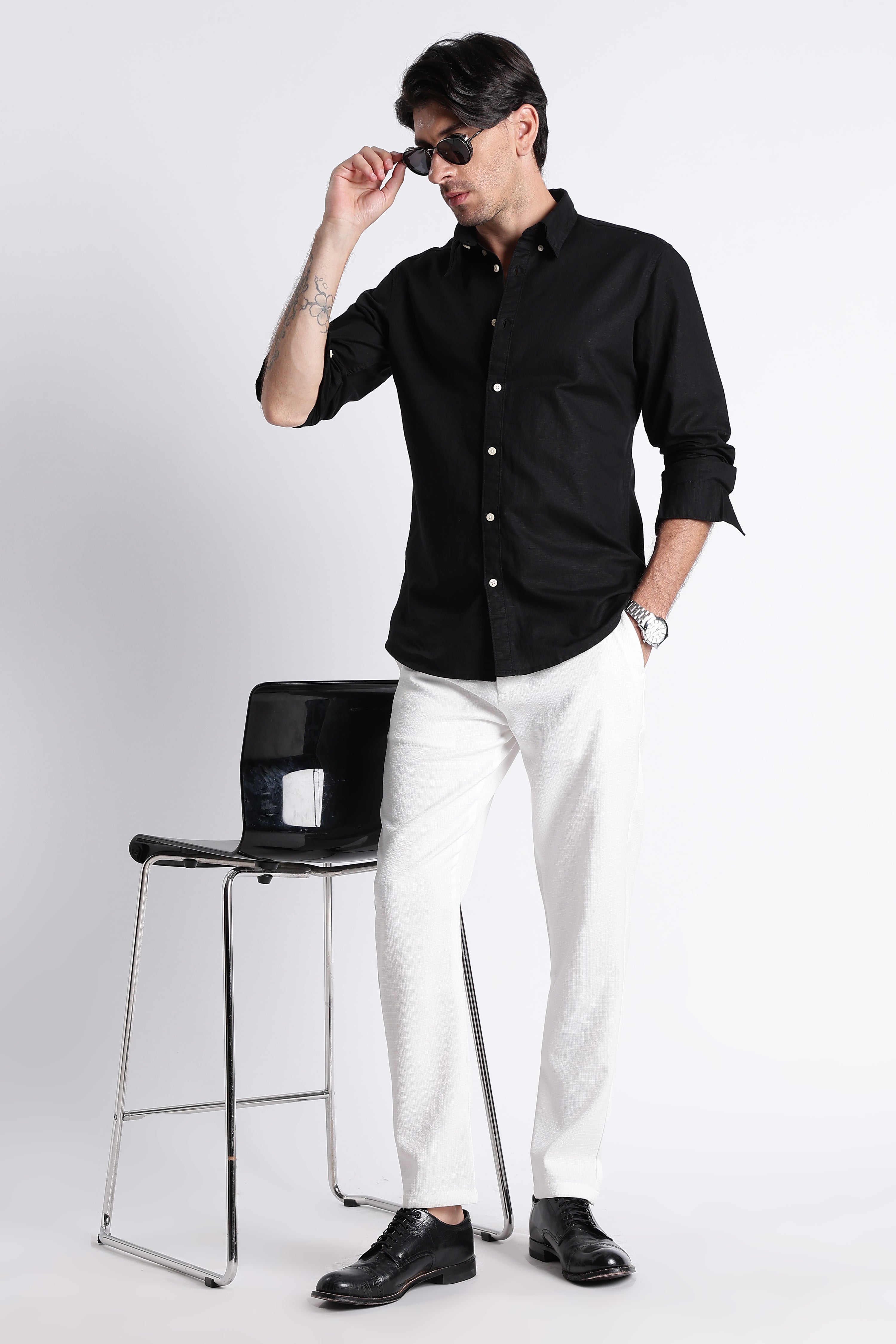 Men Premium Cotton Linen Slim Fit Solid Shirt