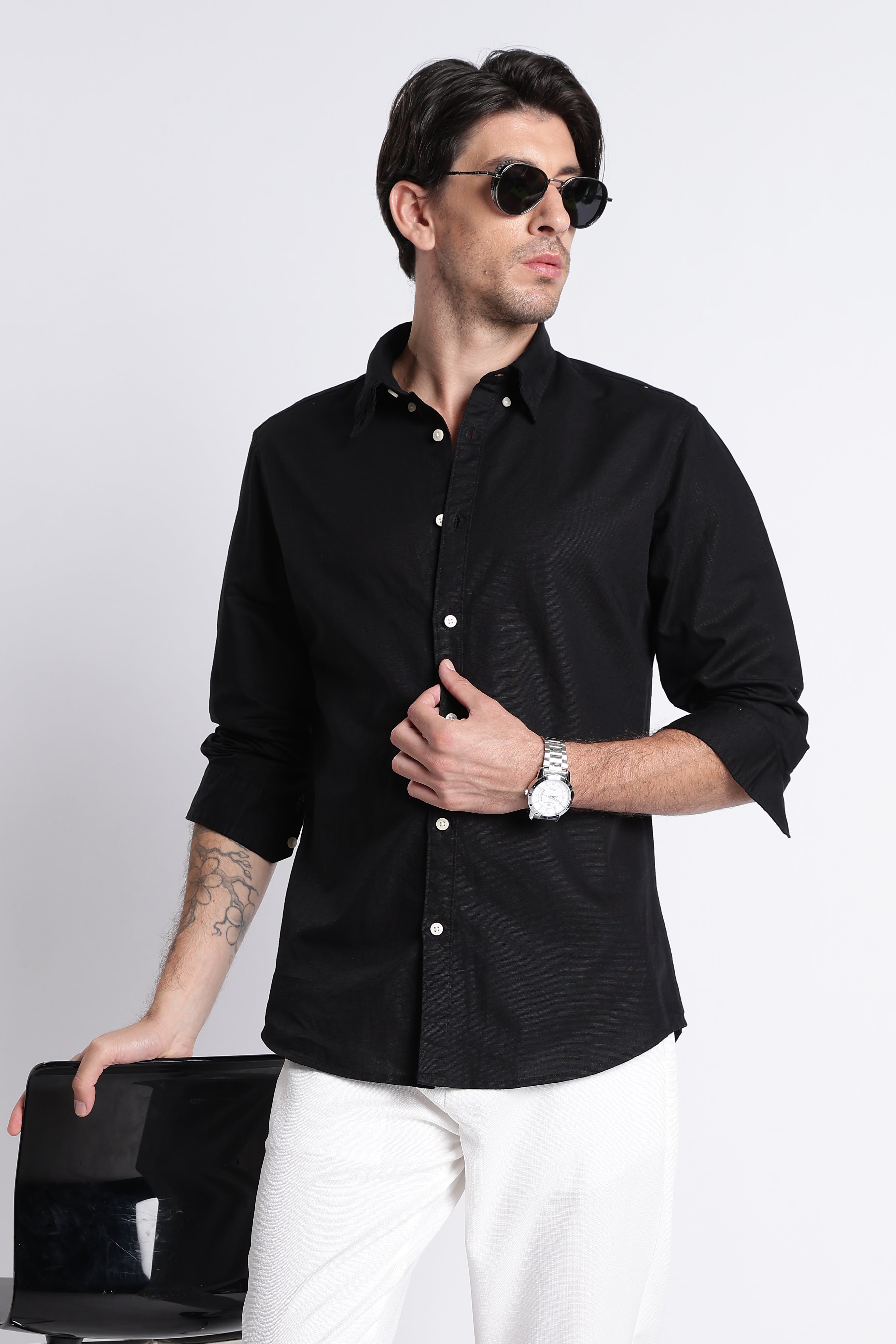 Men Premium Cotton Linen Slim Fit Solid Shirt