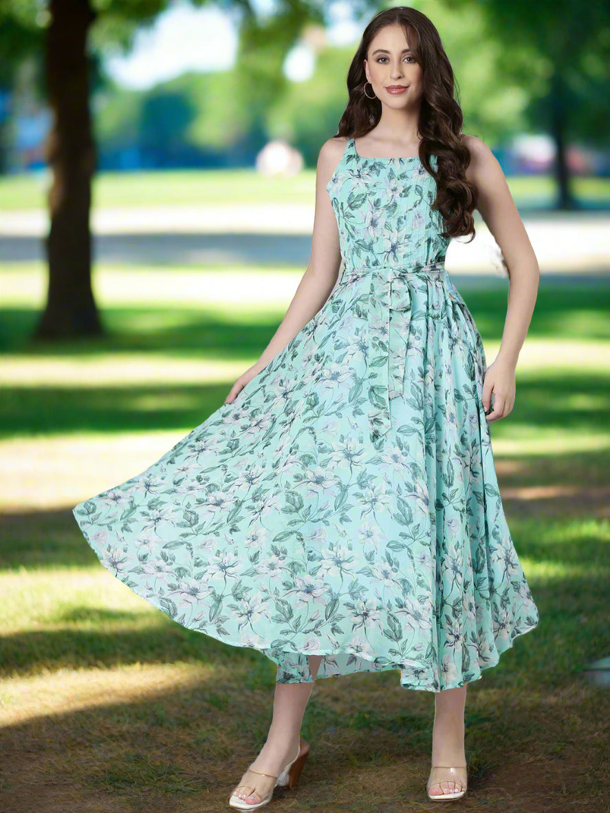Women Blue Floral Chiffon Dress