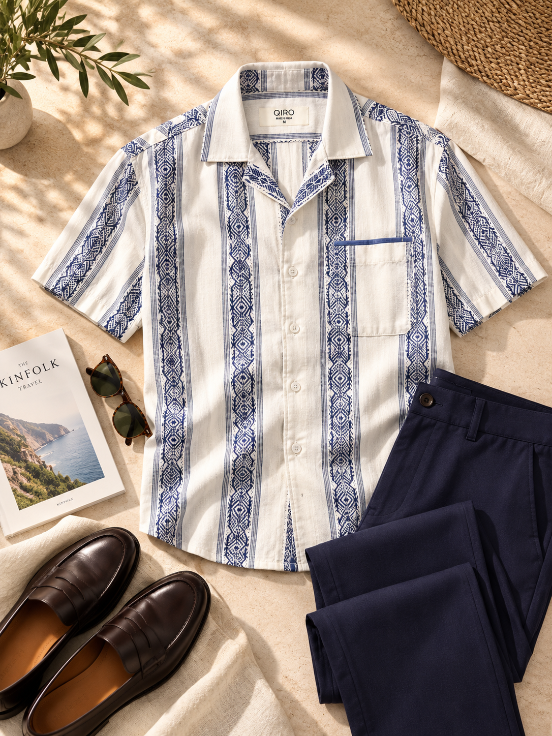 Men Cream & Navy Ethnic Stripe Cuban Collar Shirt