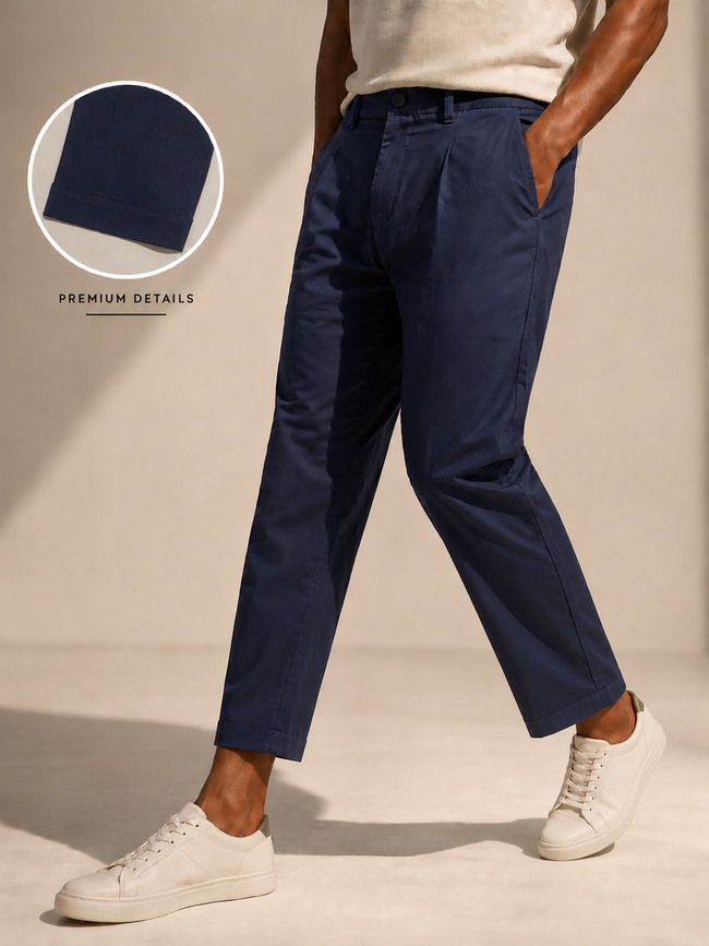 Men Navy Pleated Tailored Trousers