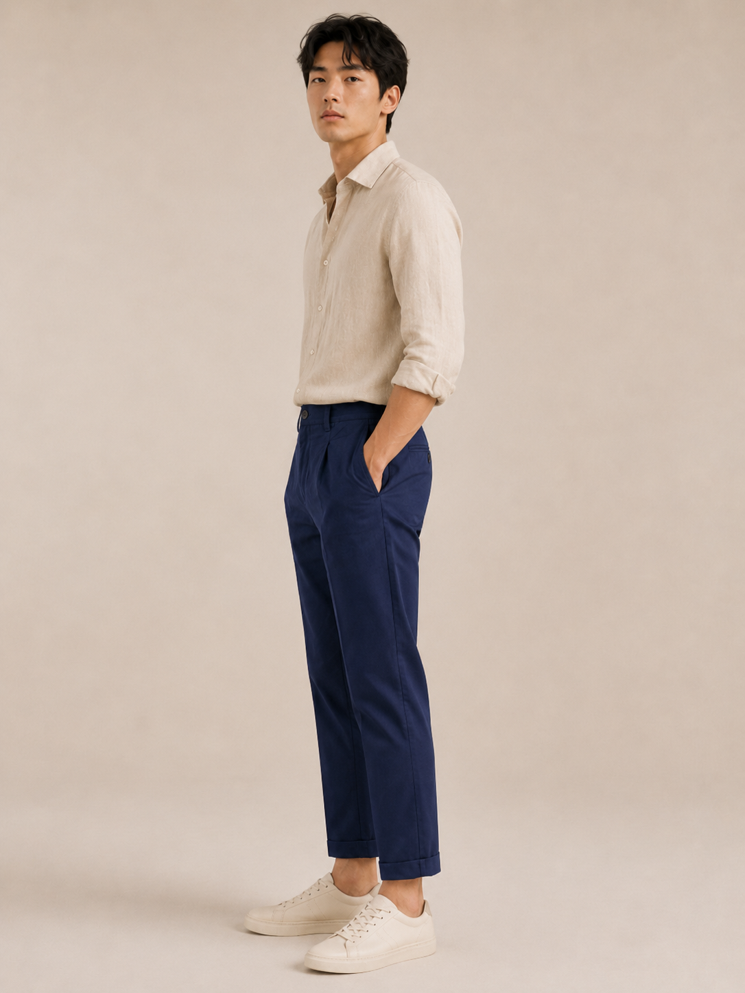 Men Navy Pleated Tailored Trousers