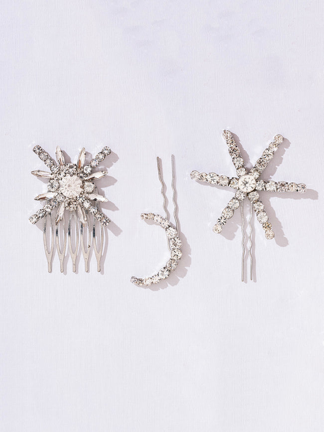 Women Silver Set Of 3 Celestia Crystal Hair Pins