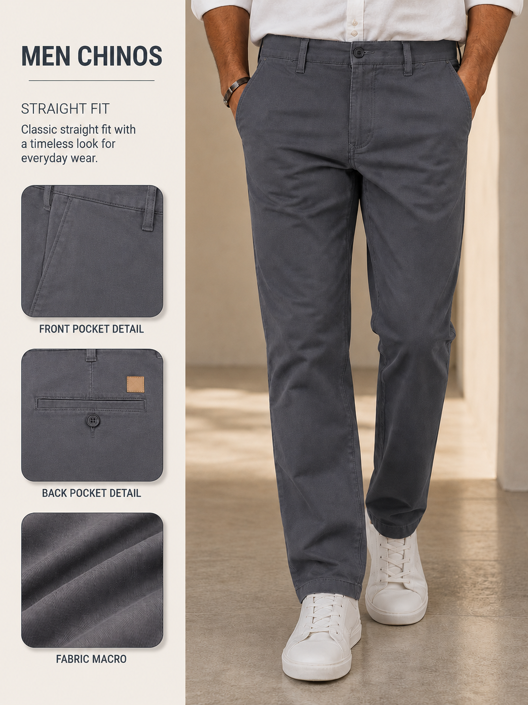 Men Grey Contemporary Chino Trousers