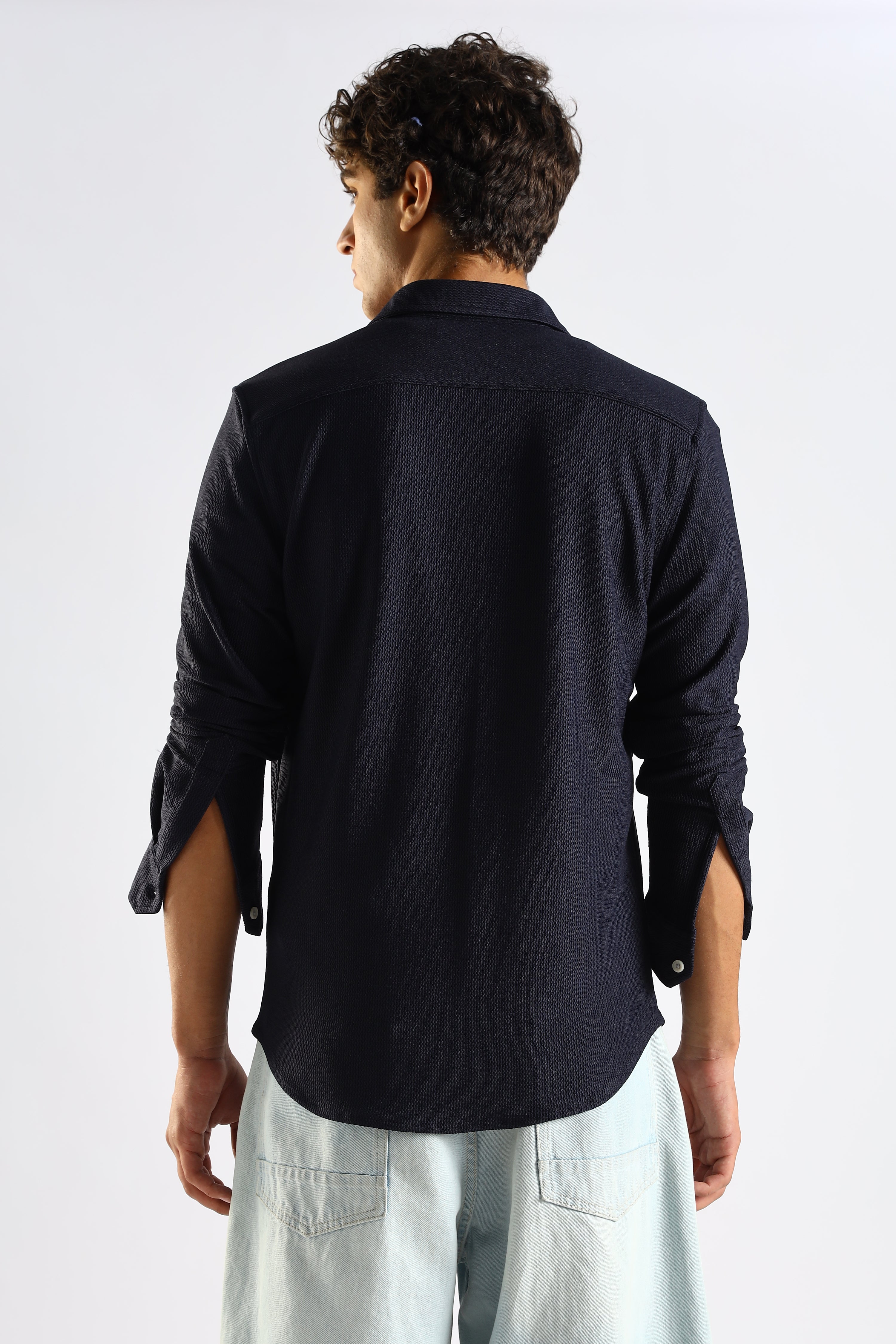 Men Navy Blue Textured Spread Collar Shirt