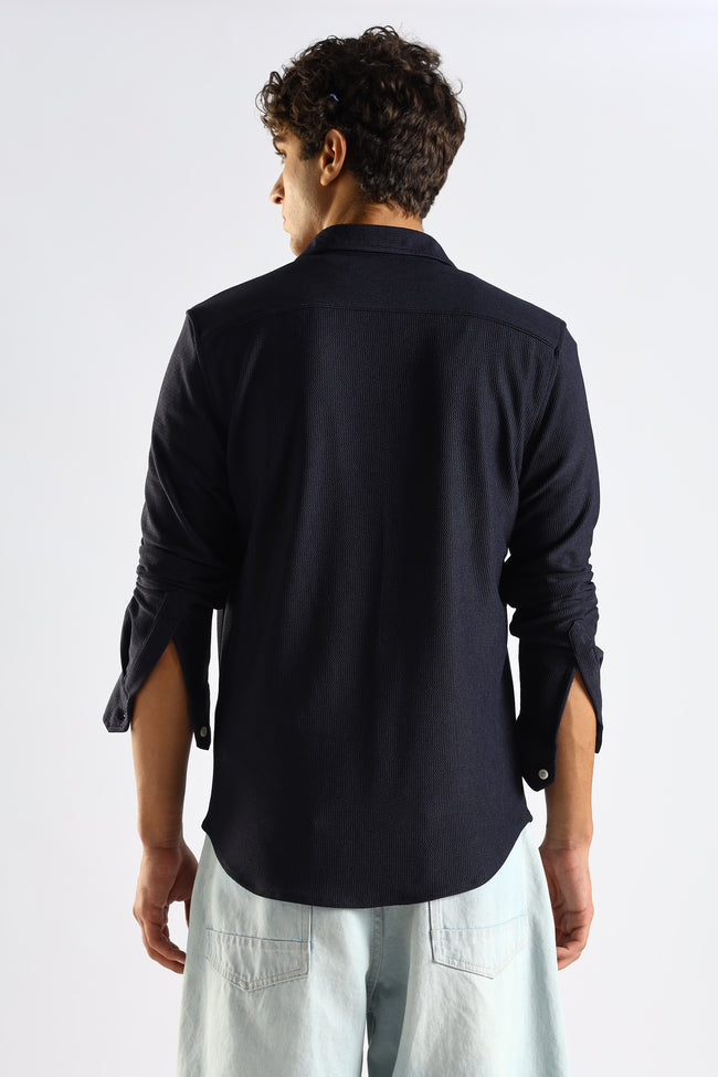 Men Navy Blue Textured Spread Collar Shirt