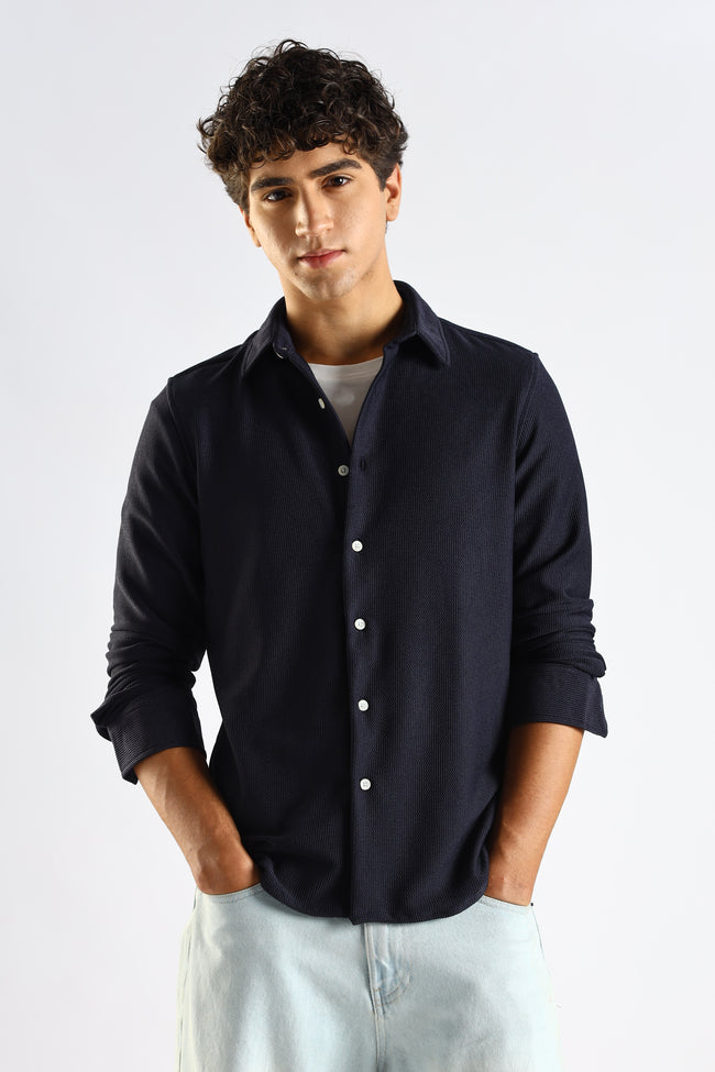Men Navy Blue Textured Spread Collar Shirt