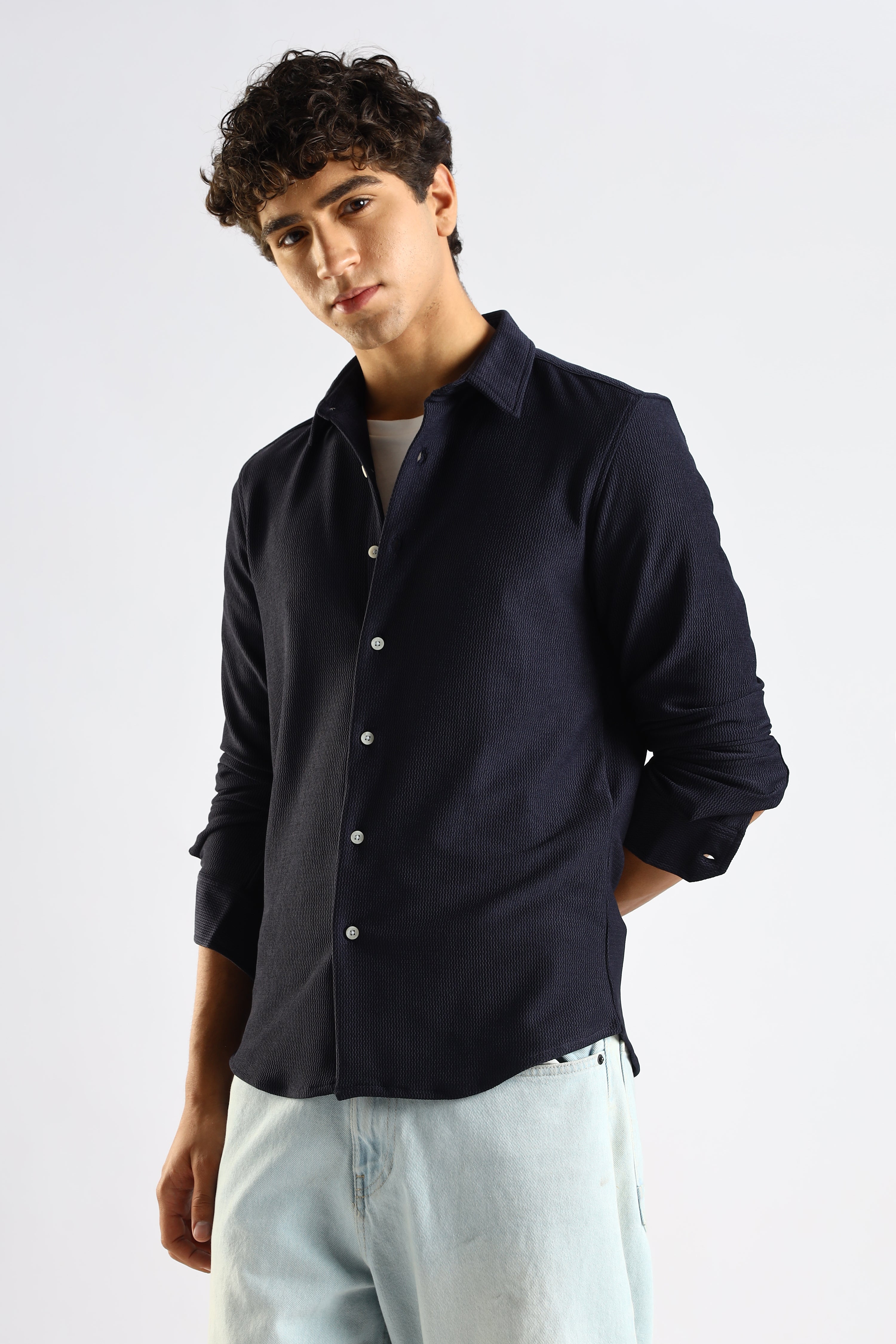 Men Navy Blue Textured Spread Collar Shirt