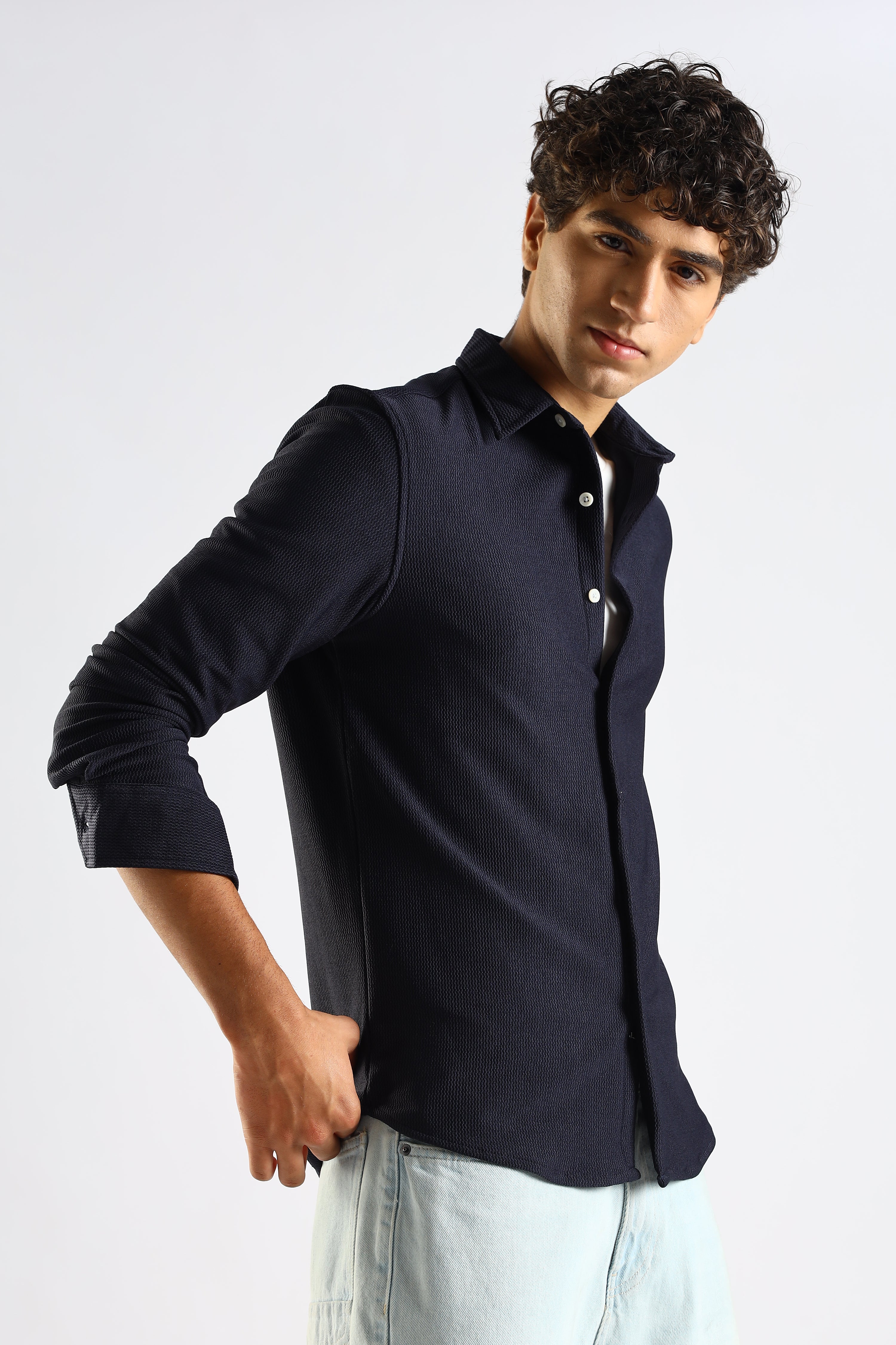 Men Navy Blue Textured Spread Collar Shirt