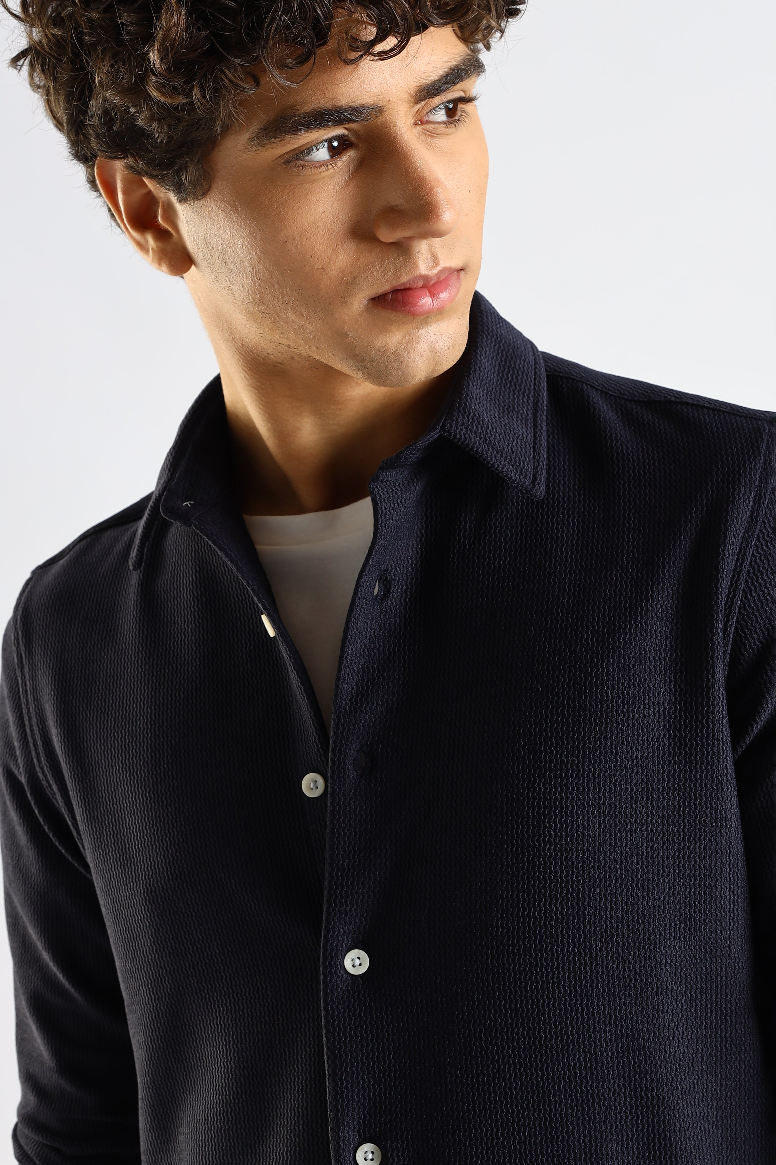 Men Navy Blue Textured Spread Collar Shirt