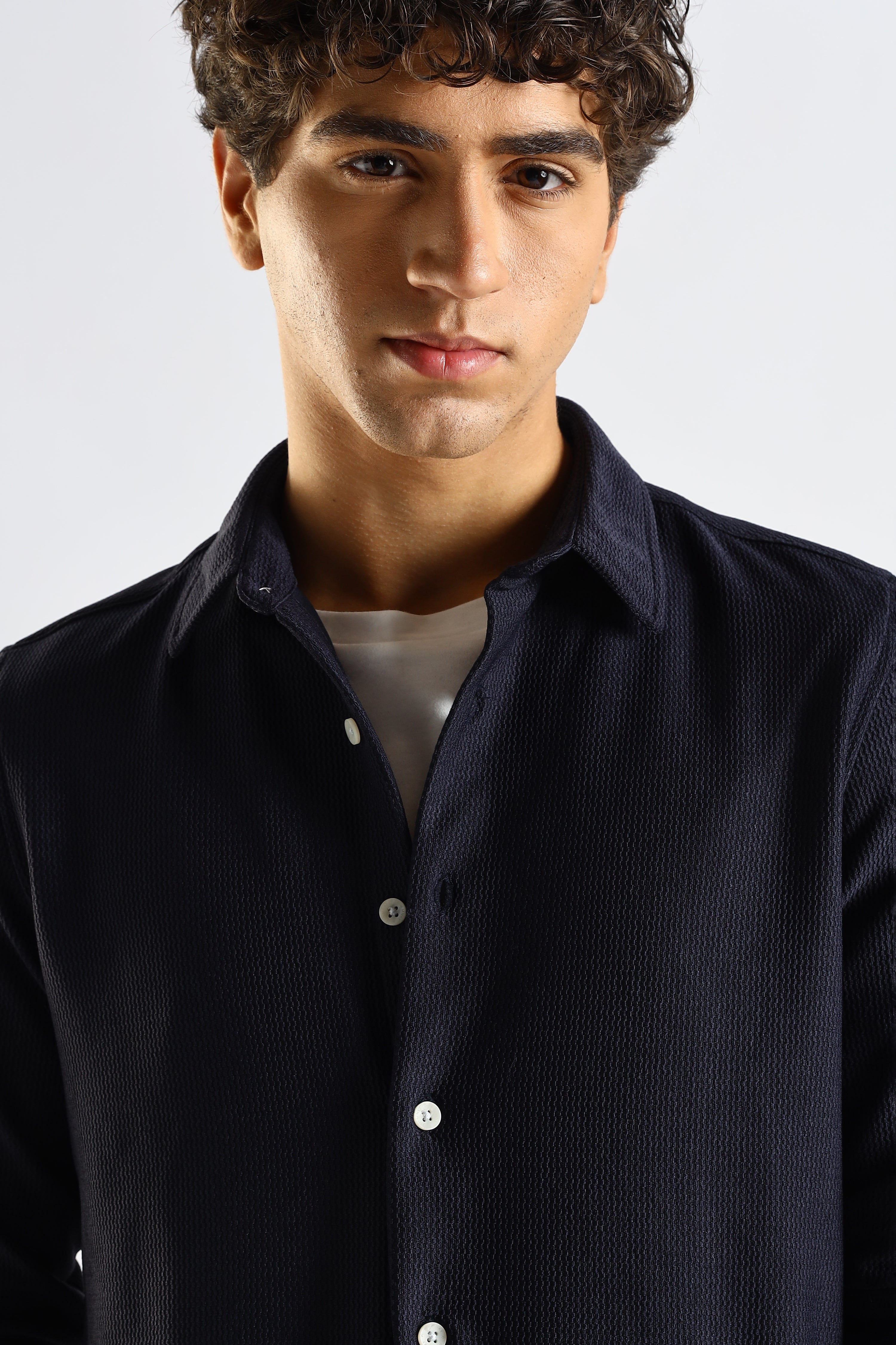 Men Navy Blue Textured Spread Collar Shirt