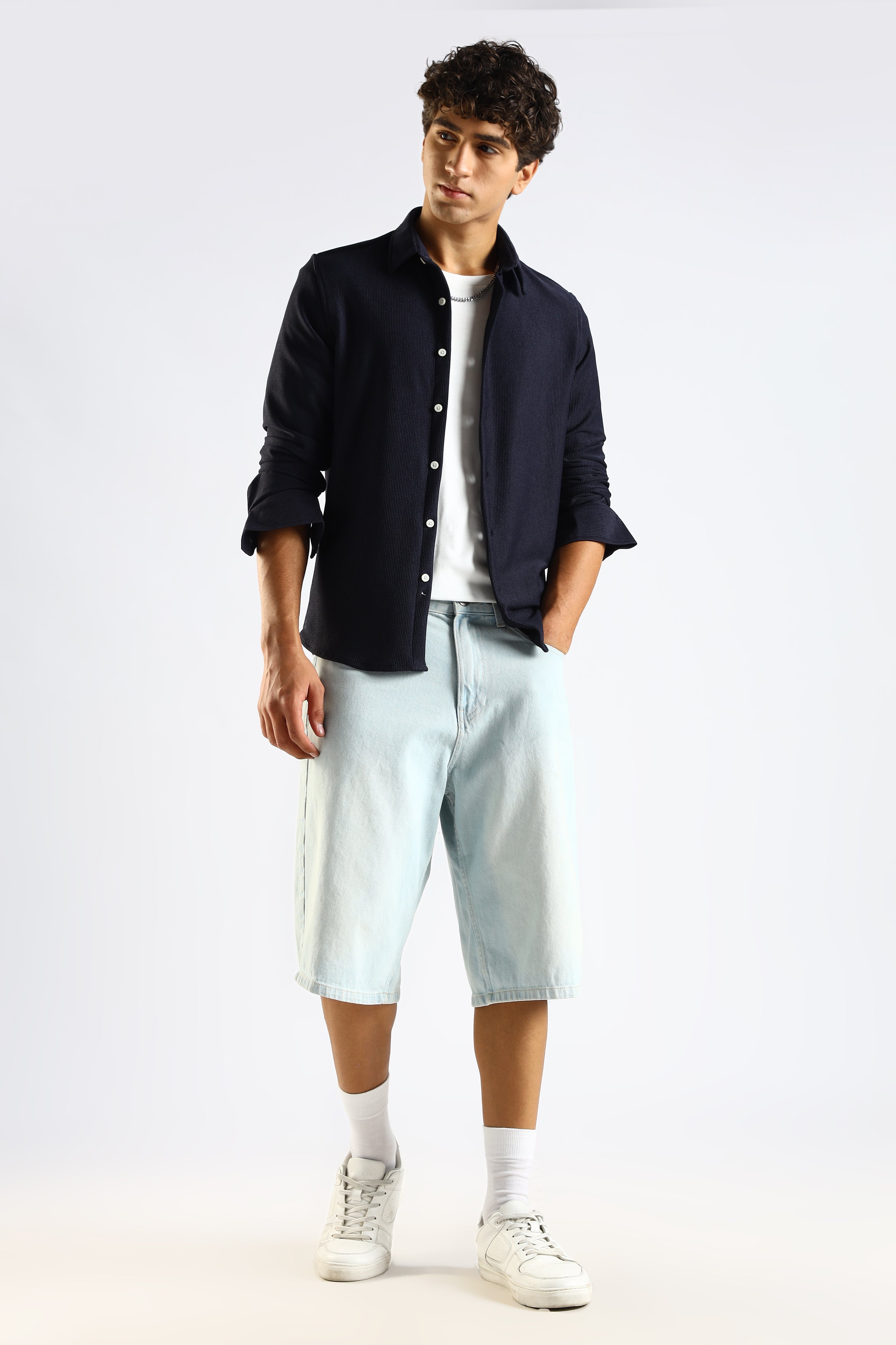 Men Navy Blue Textured Spread Collar Shirt