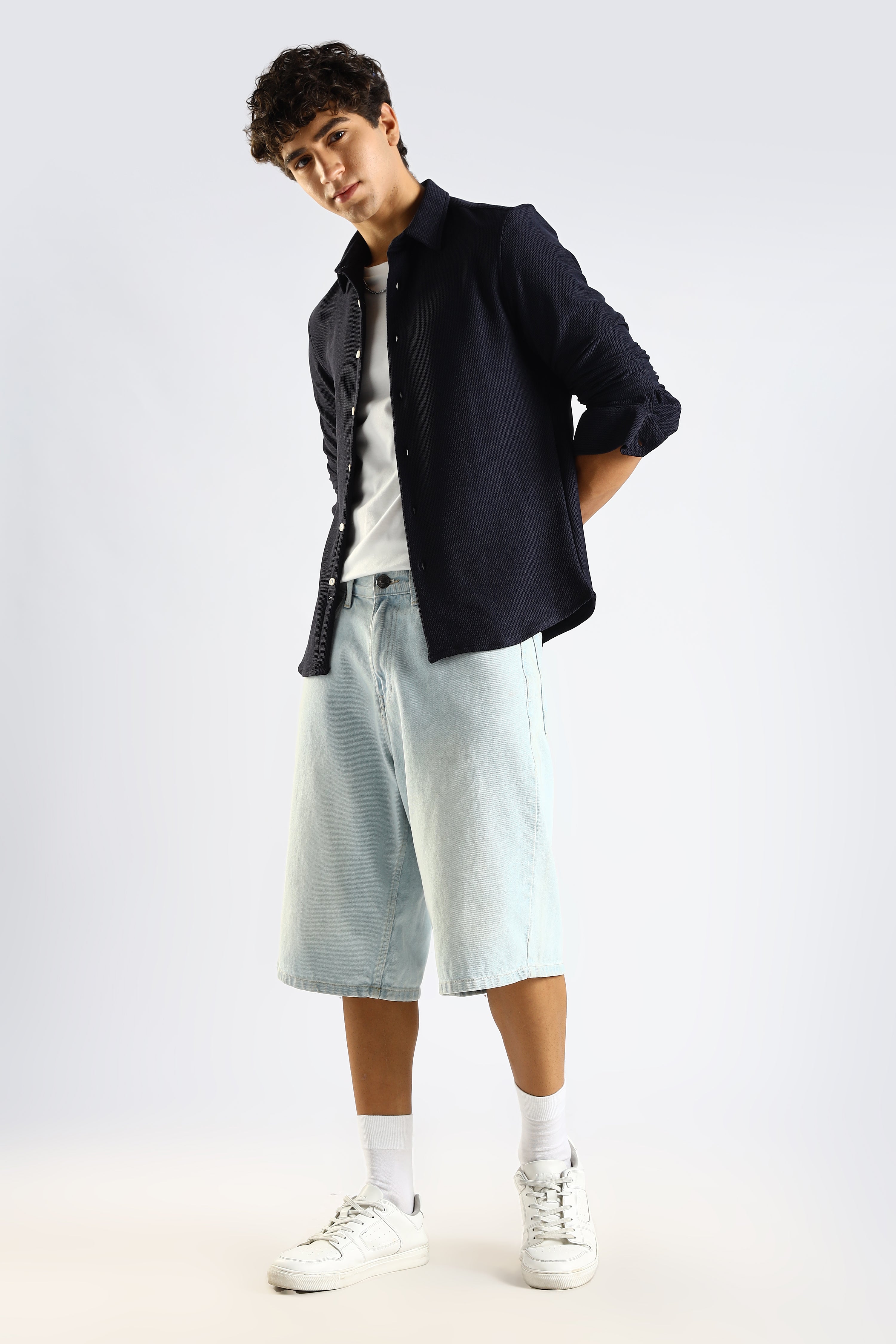 Men Navy Blue Textured Spread Collar Shirt