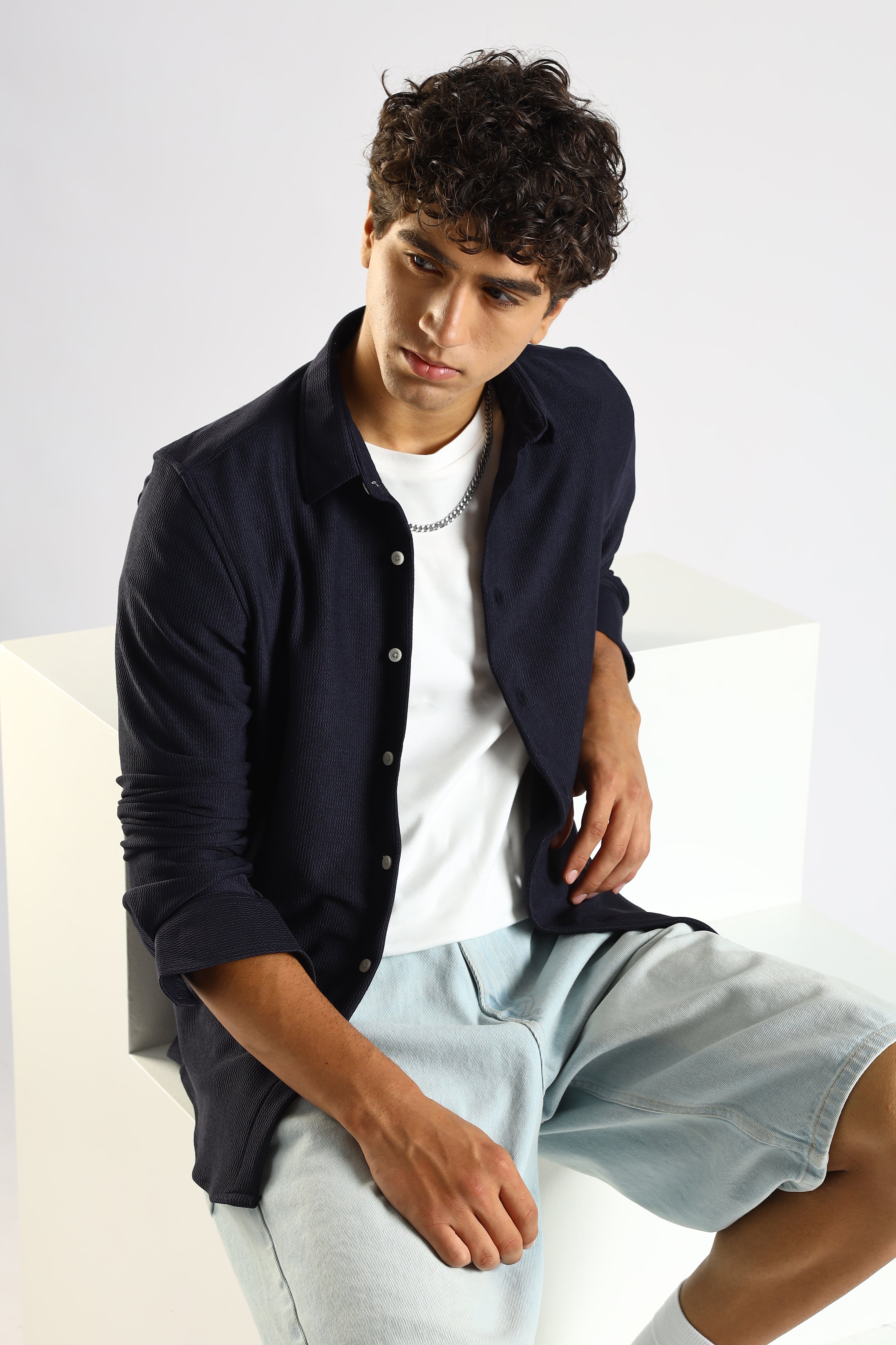 Men Navy Blue Textured Spread Collar Shirt