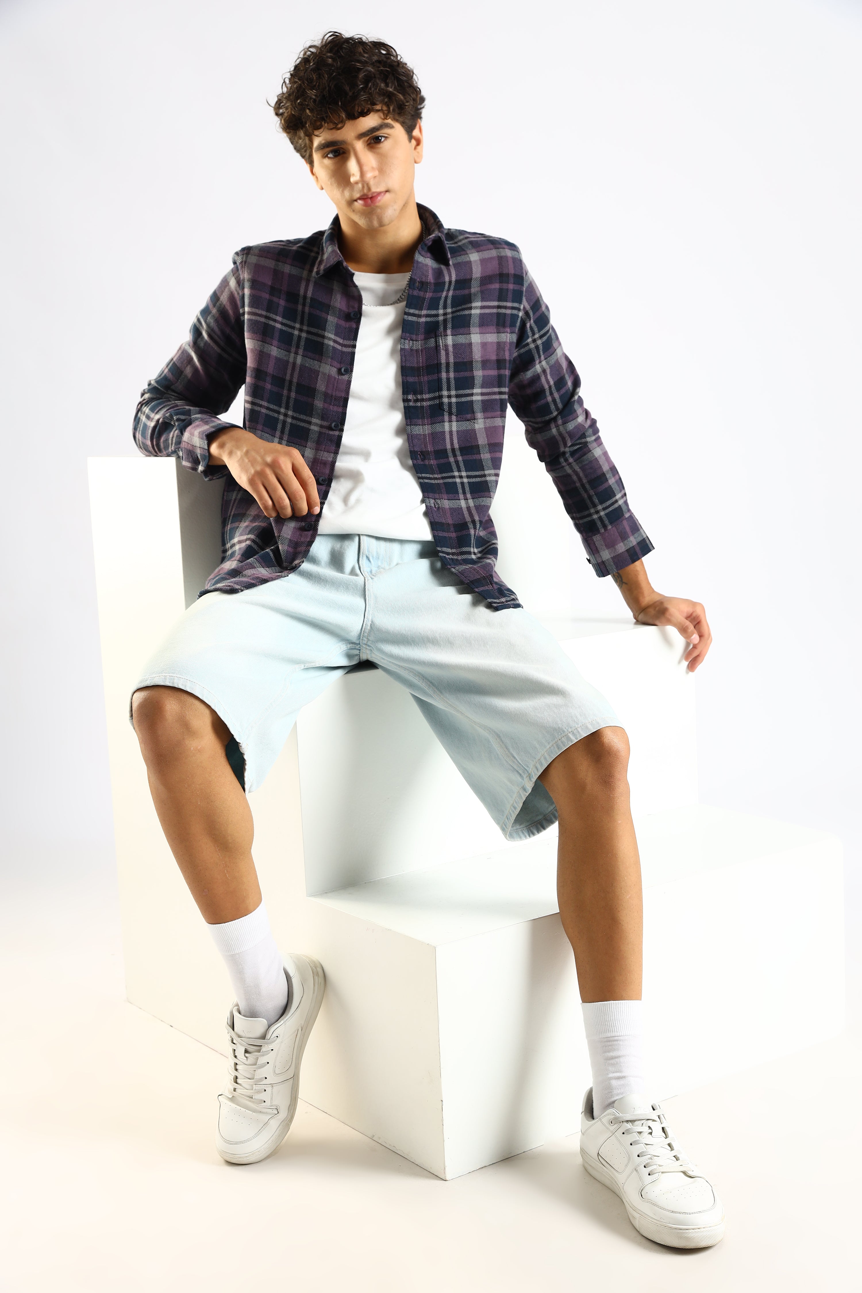 Men Navy Blue Cotton Blend Checked Shirt