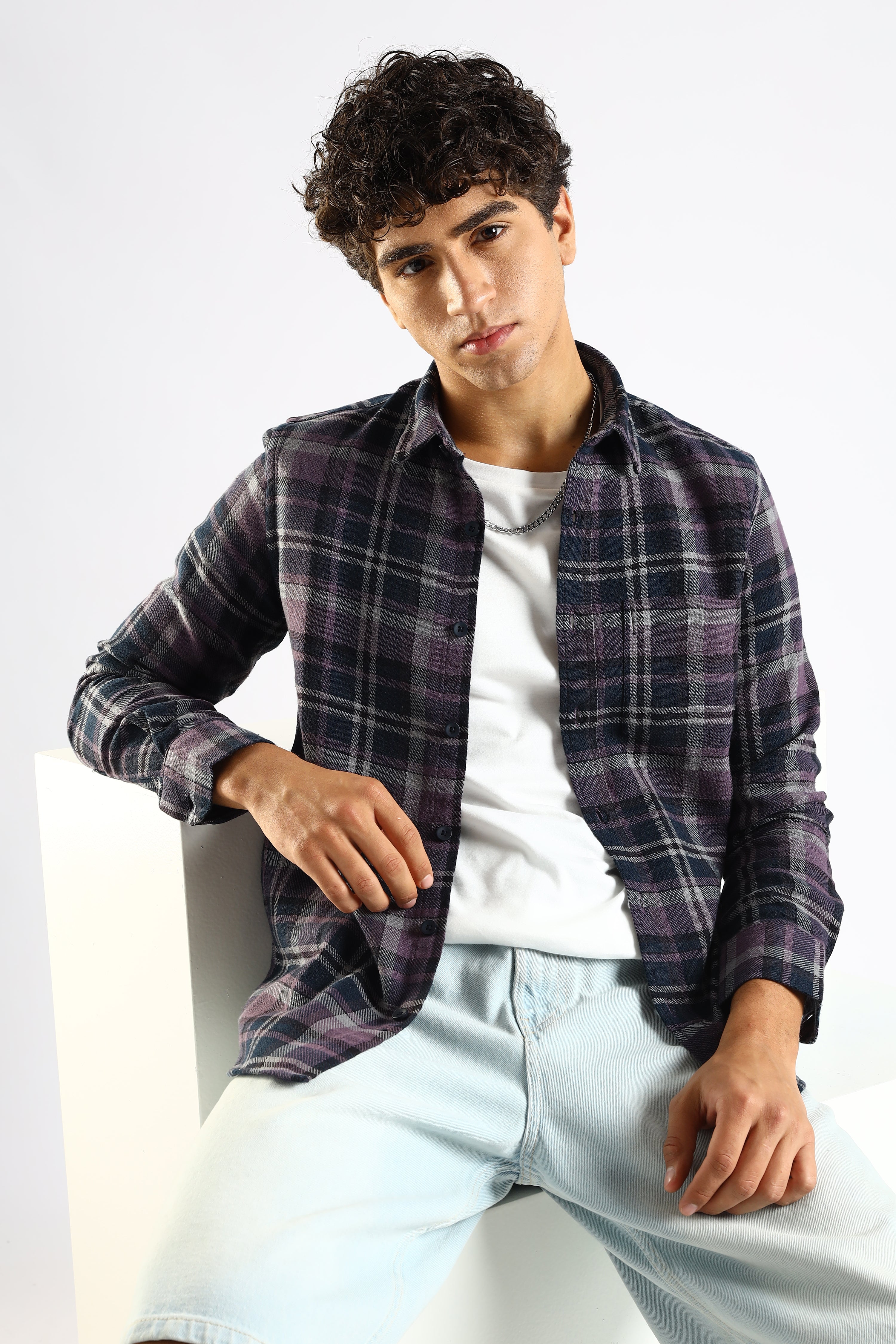 Men Navy Blue Cotton Blend Checked Shirt