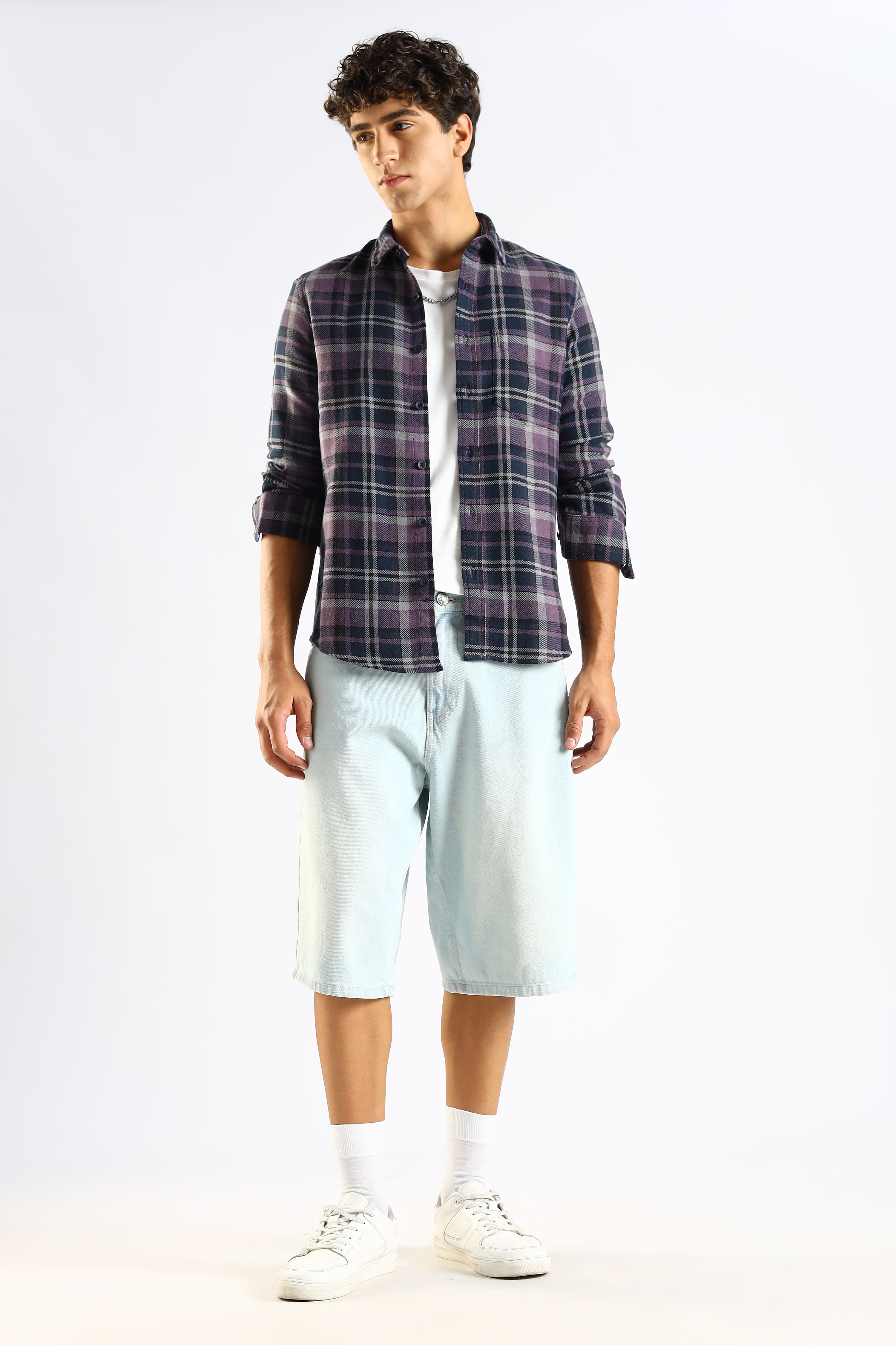 Men Navy Blue Cotton Blend Checked Shirt
