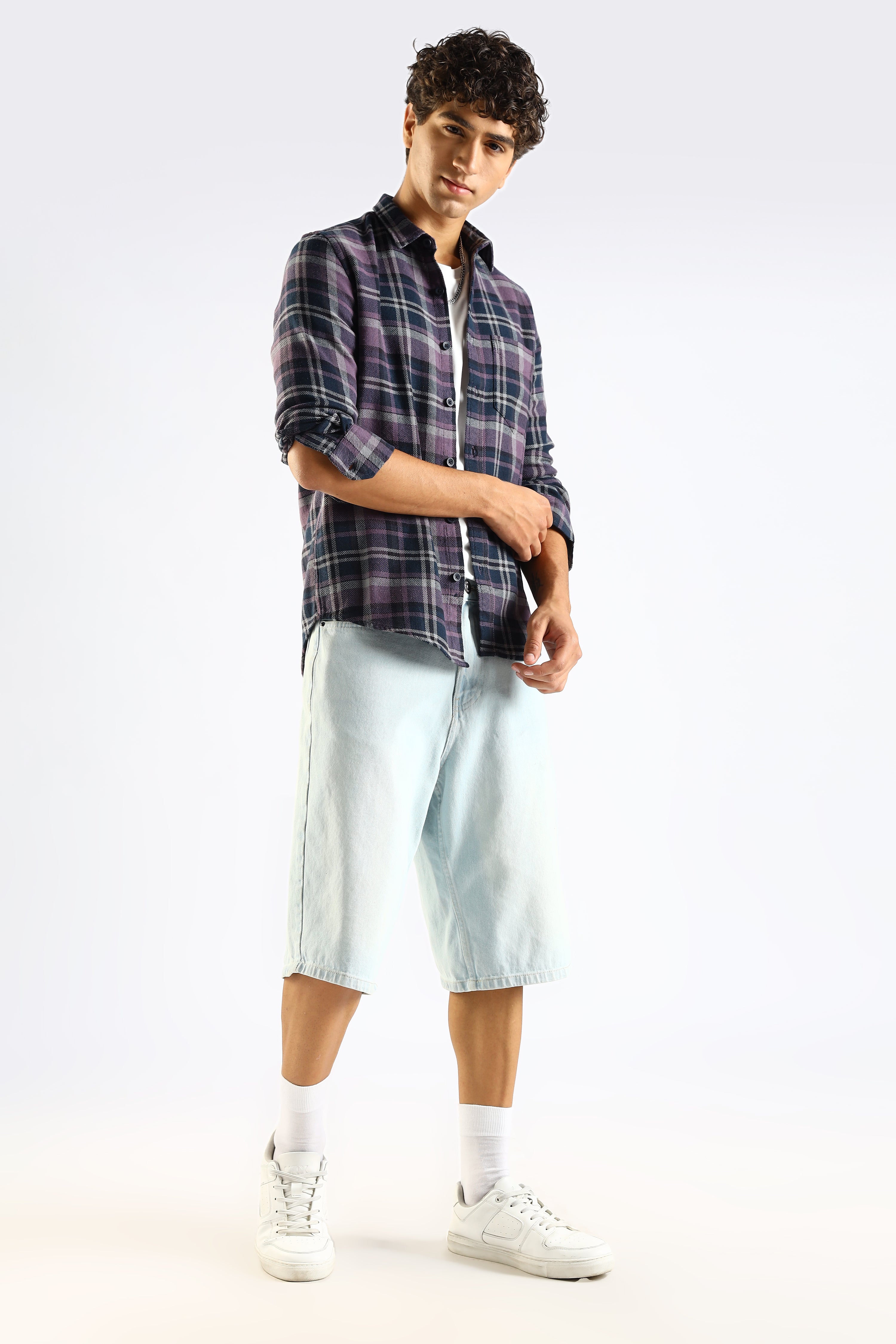 Men Navy Blue Cotton Blend Checked Shirt
