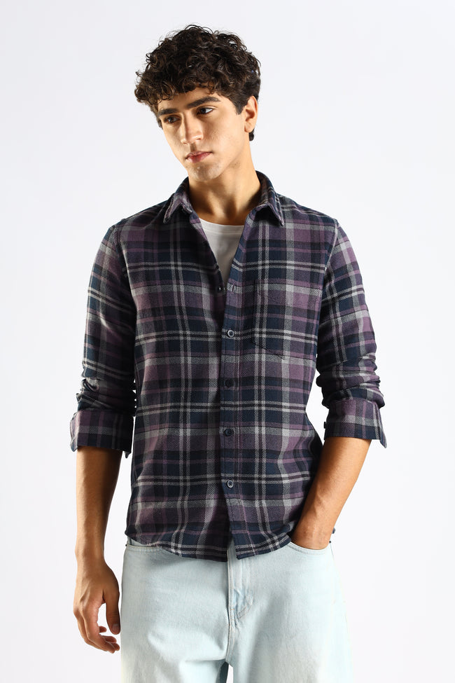 Men Navy Blue Cotton Blend Checked Shirt