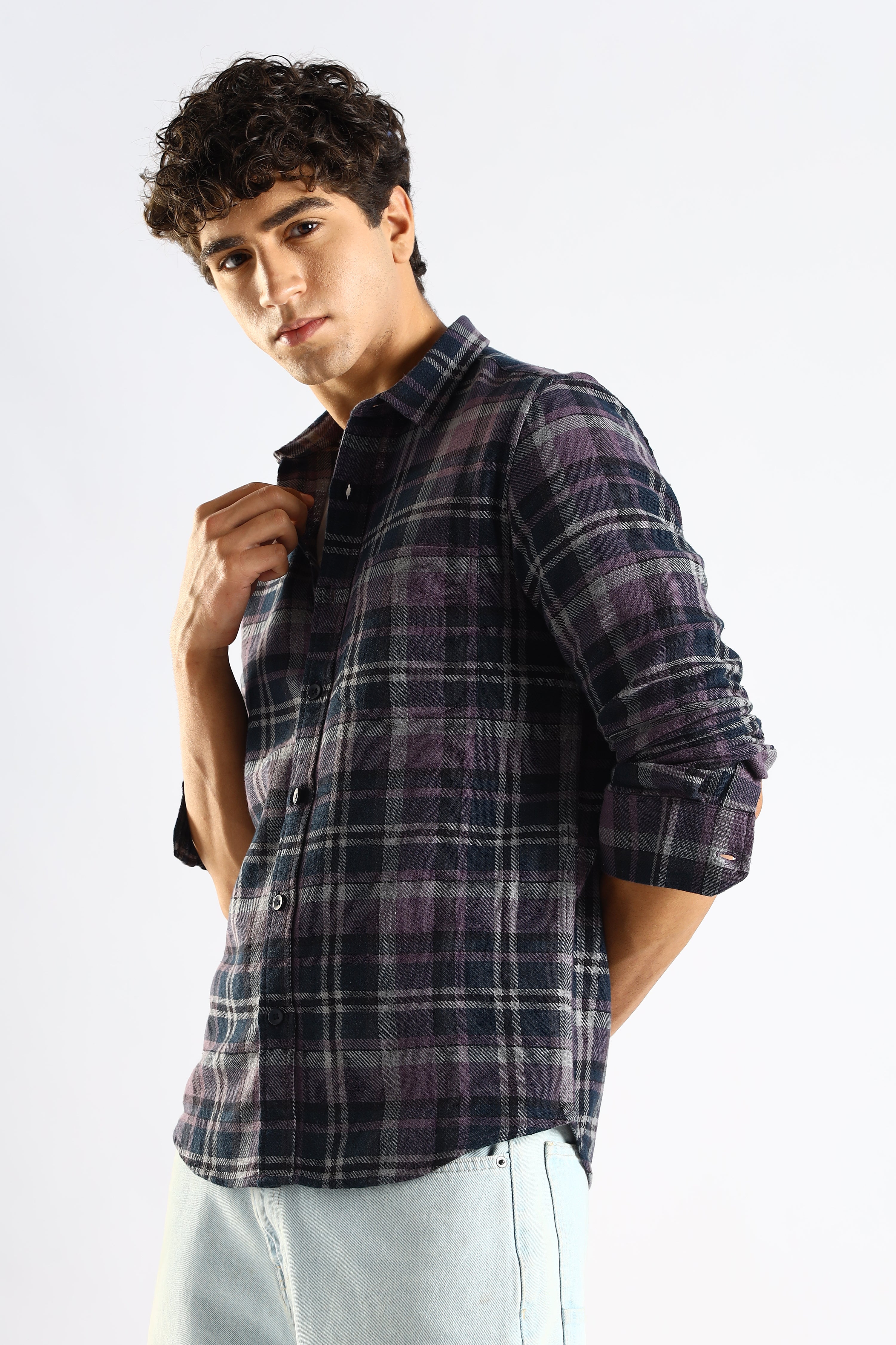 Men Navy Blue Cotton Blend Checked Shirt