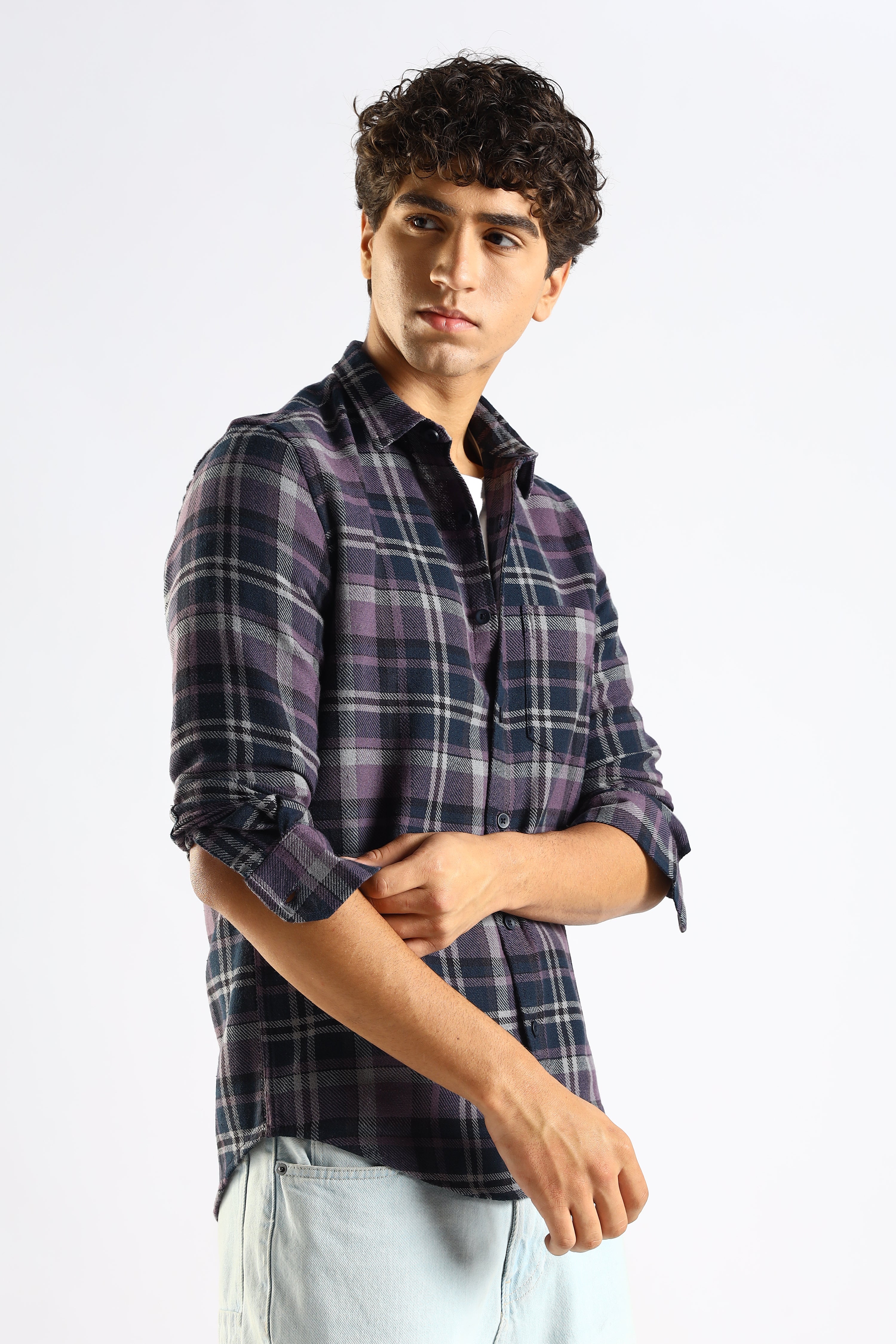 Men Navy Blue Cotton Blend Checked Shirt