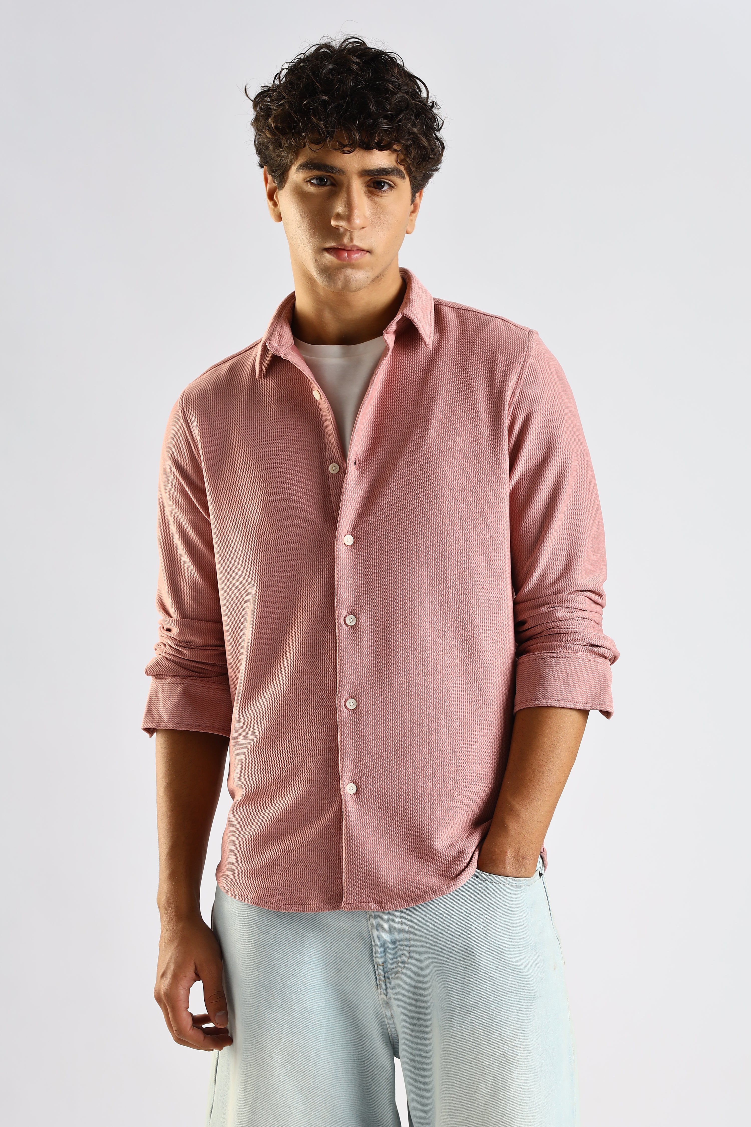Men Pink Textured Spread Collar Shirt