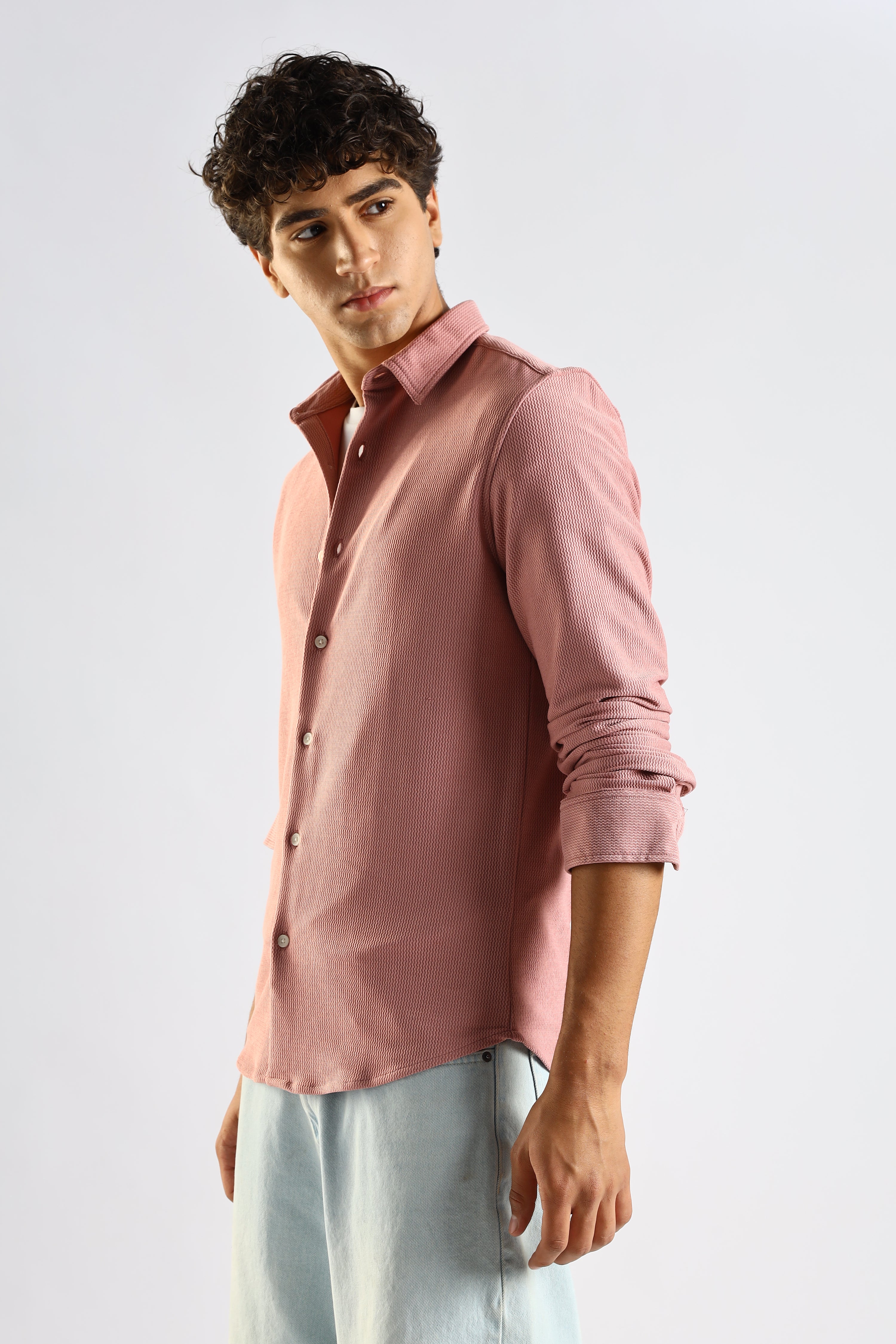 Men Pink Textured Spread Collar Shirt