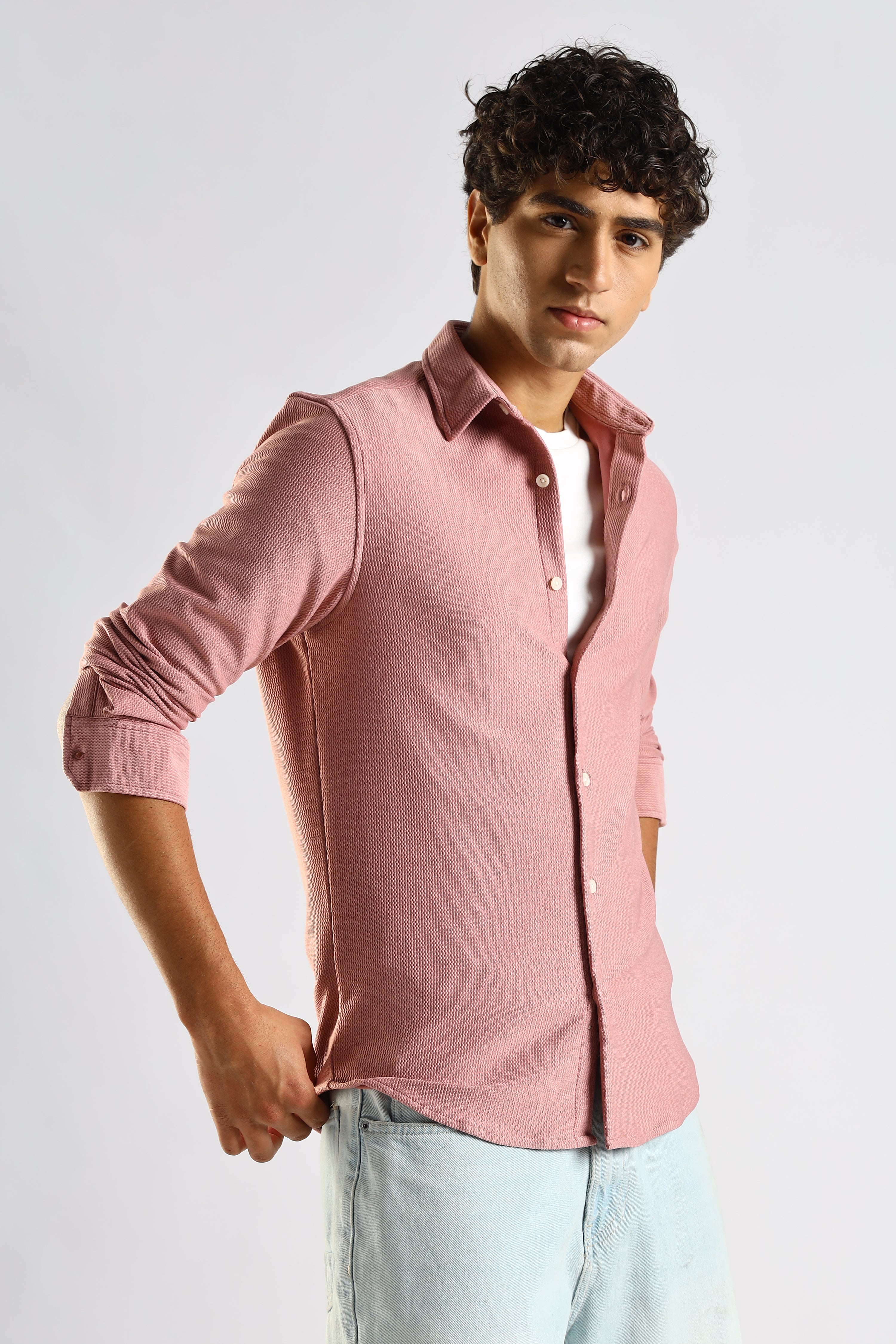 Men Pink Textured Spread Collar Shirt