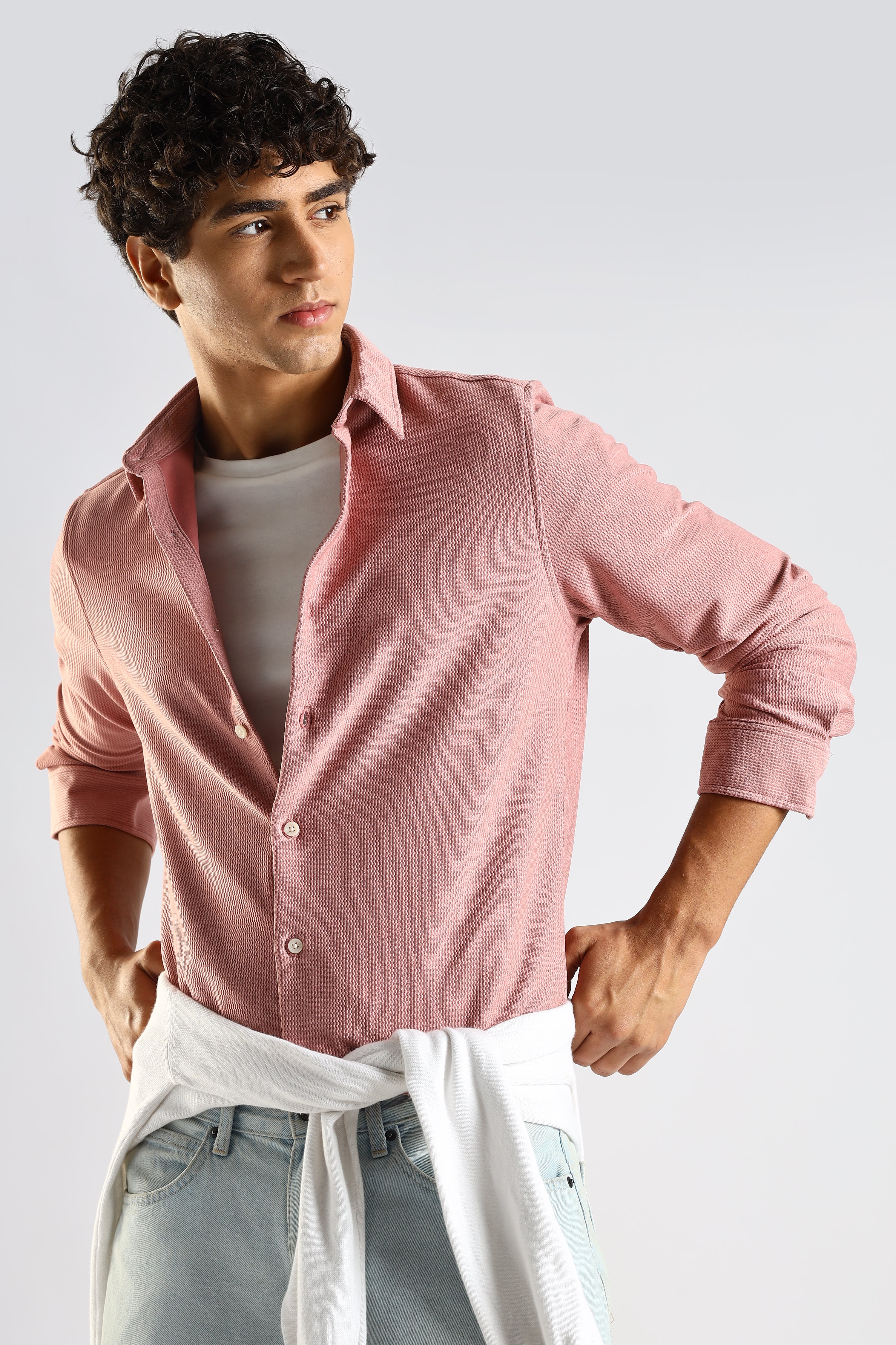 Men Pink Textured Spread Collar Shirt
